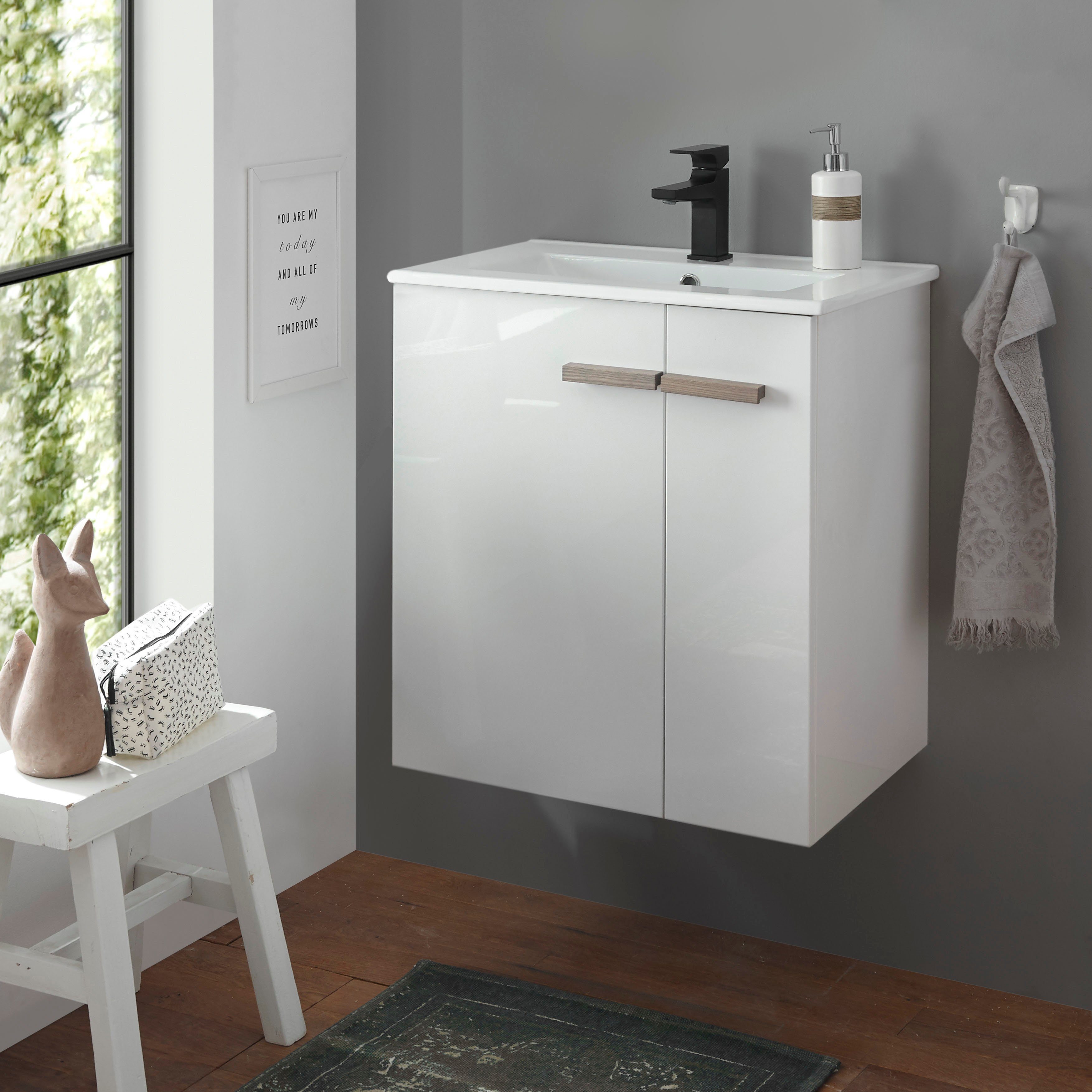 Home affaire Waschtisch SOLiD, Unterschrank inkl. Waschbecken, Badschrank mit Holzgriffe, in zwei Farben verfügbar, inkl. Waschbecken, Breite 60 cm