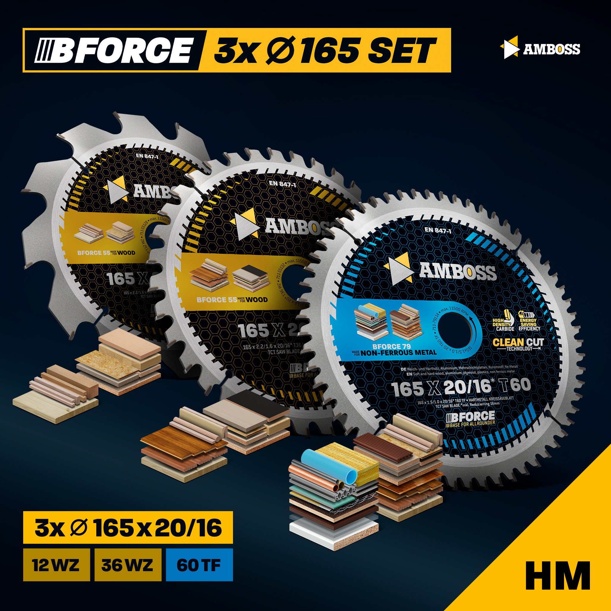 Amboss Werkzeuge Kreissägeblatt Ø165 x 20 Hand- Kreissägeblatt Set passend für