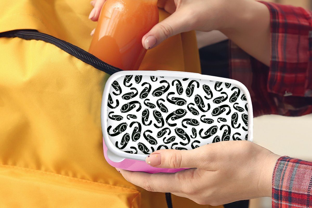 Lunchbox - rosa Muster, MuchoWow Brotdose (2-tlg), Kinder, Weiß Brotbox für Mädchen, Schwarz - Kunststoff Uhr und Kunststoff, Erwachsene, Snackbox,