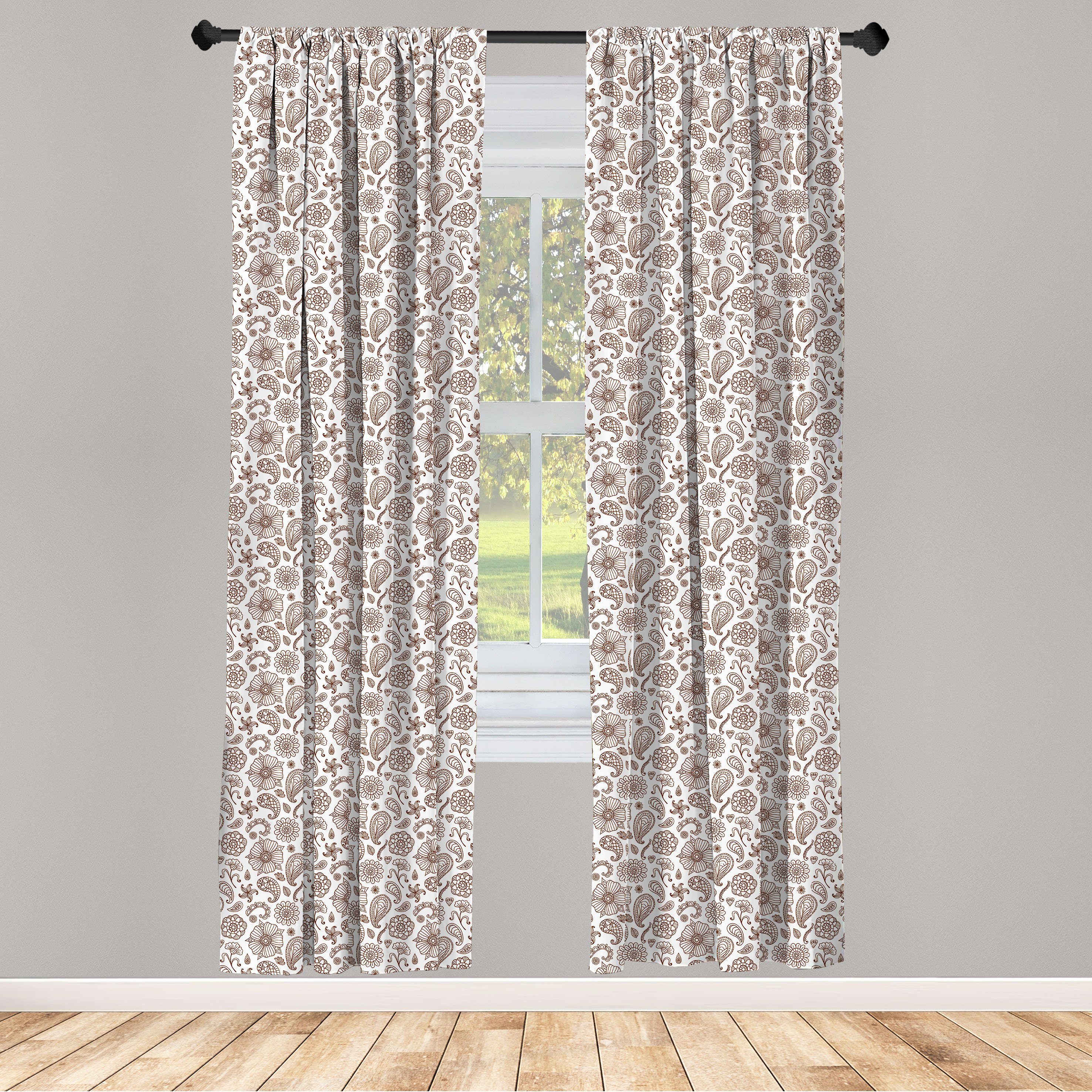 Gardine Vorhang für Wohnzimmer Schlafzimmer Dekor, Abakuhaus, Microfaser, Brown Paisley Antike Leafy Blumen | Fertiggardinen