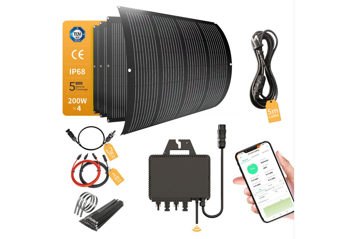 enjoy solar Balkonkraftwerk 800W RC® MI2S-800D + 200W*4 Flexible Solarmodul + 5m Kabel usw., Monokristalline Siliziumzelle, (Set), „Plug-and-Play“: RC800W Balkon-PV-Anlage mit kompletter Steckdose