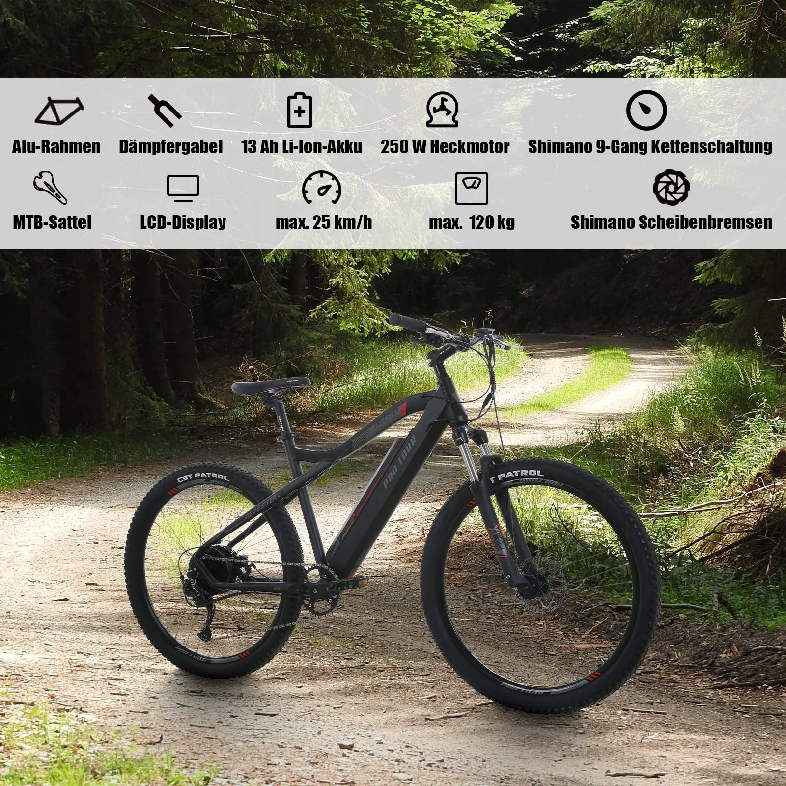 Nettlife E-Bike Mountainbike 27,5 Zoll E-Mountainbike Elektrofahrrad 9-Gang Shimano 25km/h, 9 Gang, 250W Hinterradmotor, 36V/13Ah Akku, LCD Multifunktionsanzeige, 25 km/h, Reichweite 50-90 km