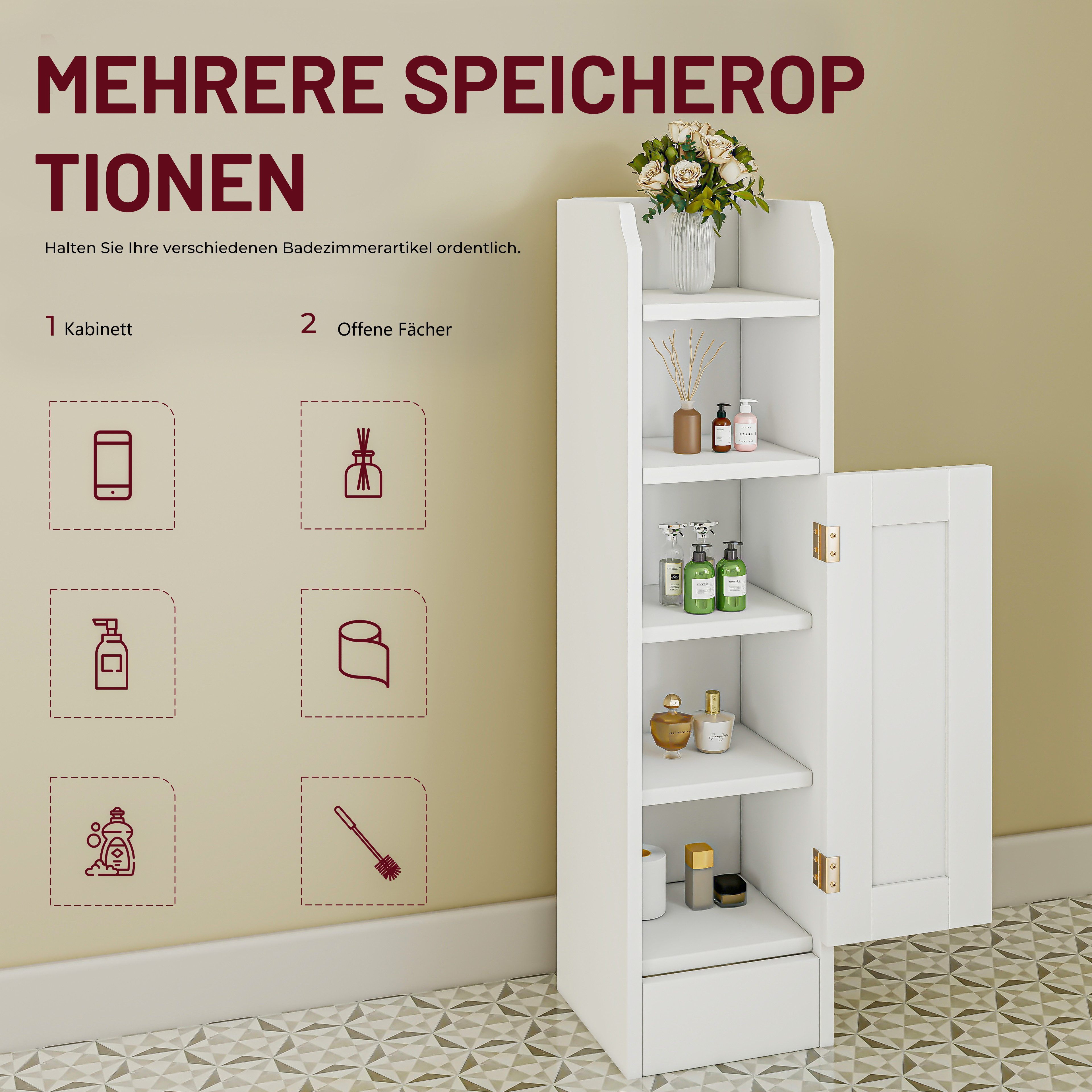oyajia Badkommode Badezimmerschrank Badschrank schmal mit Tür (für kleine Räume), Höhenverstellbaren Einlegeböden