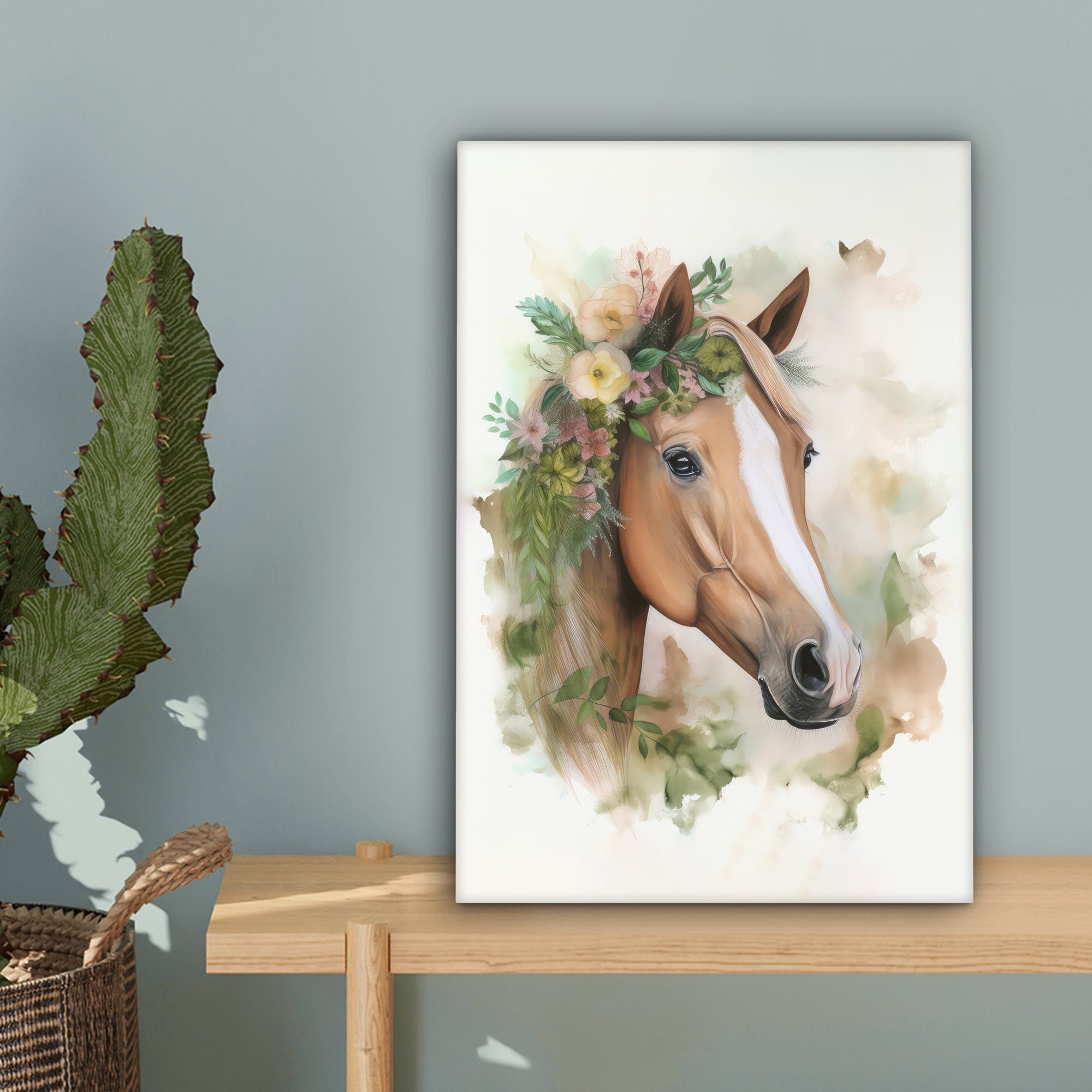 Pferd Tiere, - Natur (1 St), - 20x30 Gemälde, Blumen Zackenaufhänger, bespannt inkl. Aquarell Leinwandbild fertig Leinwandbild cm - - OneMillionCanvasses®