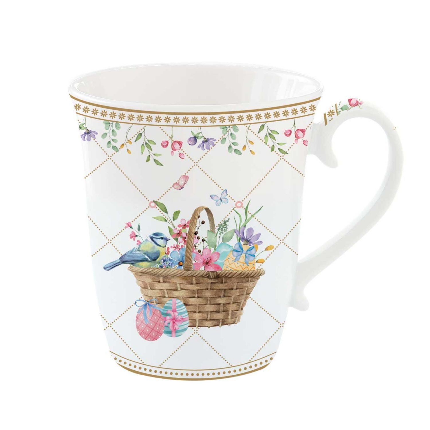 EasyLife Tasse Spring Bloom, Porzellan, Spülmaschinengeeignet, Weiß, Motiv: Hasen & Blumenkörbe, Höhe: 9.5cm