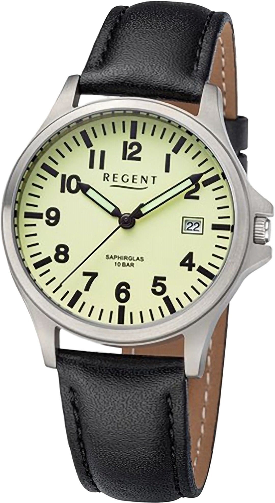 Regent Quarzuhr Regent Herren Lederarmband, 36mm), Armbanduhr Armbanduhr rund, (ca. extra Herren Datum Analog, groß