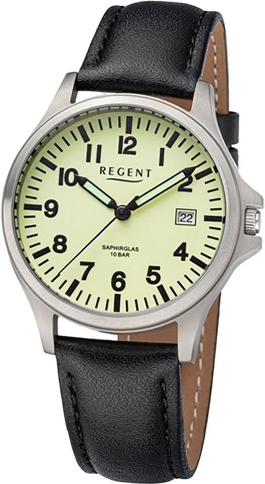 Regent Quarzuhr Regent Herren Armbanduhr Analog, Herren Armbanduhr rund,  extra groß (ca. 36mm), Lederarmband, Datum
