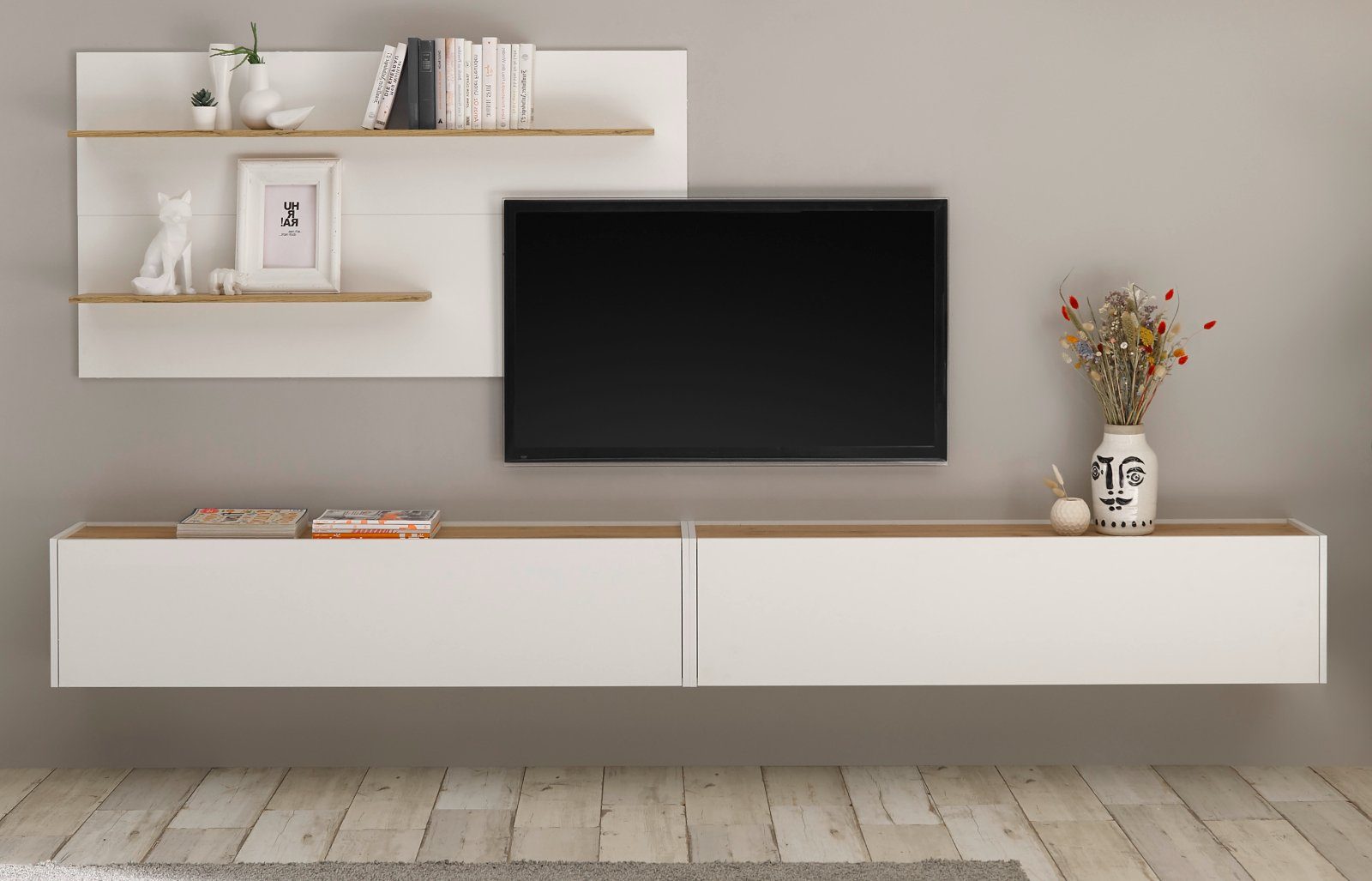 (Wohnzimmer Breite Set TV anpassbar Wotan 300 in an Center, Furn.Design Höhe mit Eiche, weiß Wohnwand hängend, cm), Gerät