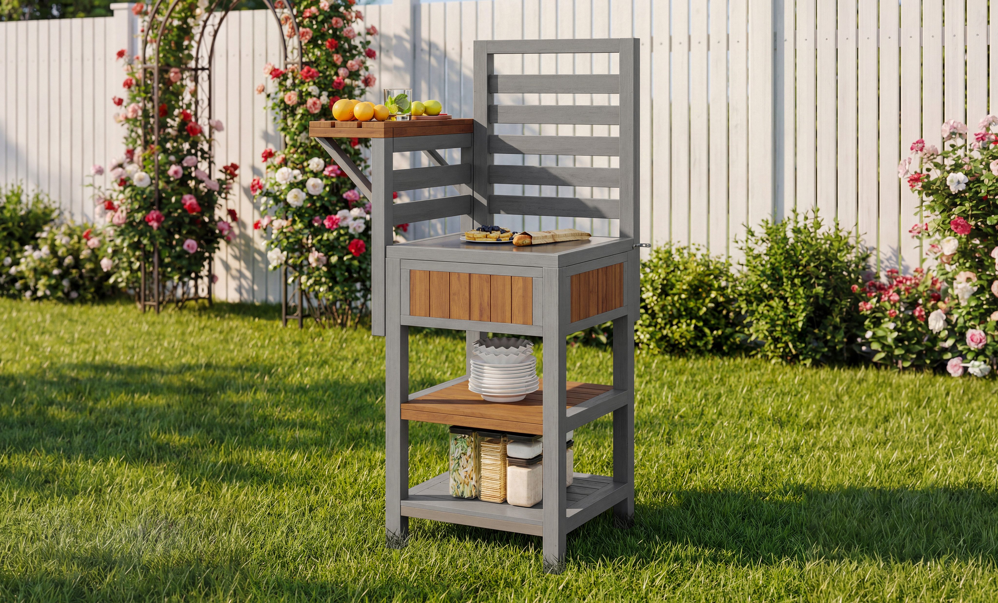 MODFU Servierwagen Outdoor-Küchenschrank, (mit großer Edelstahl-Arbeitsfläche & doppeltem Ablageboden, Grillstation mit zusätzlichem Stauraum, 1 St., 74*54*149cm)