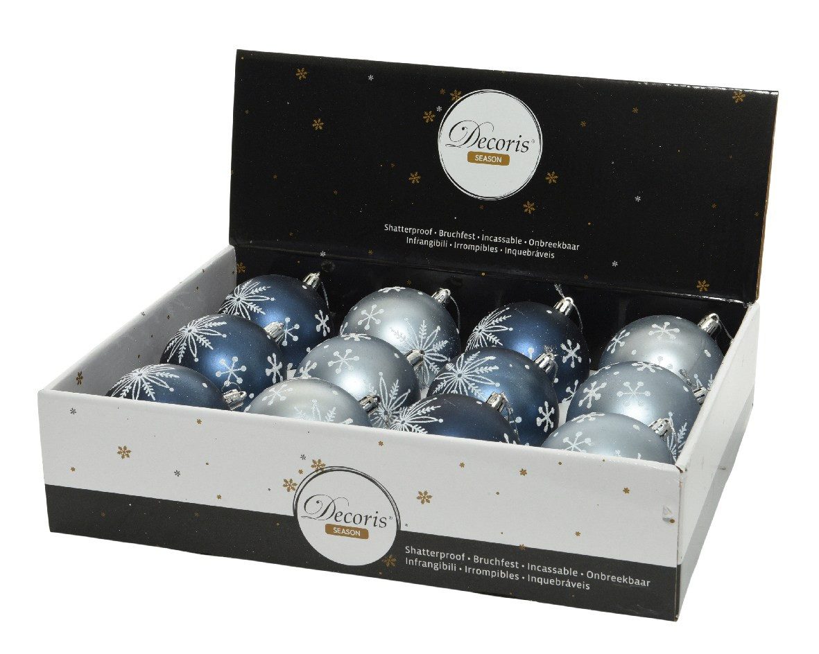 Kaemingk Weihnachtsbaumkugel, Weihnachtskugeln Kunststoff Muster Schneeflocken 8cm blau Mix, 12 Set