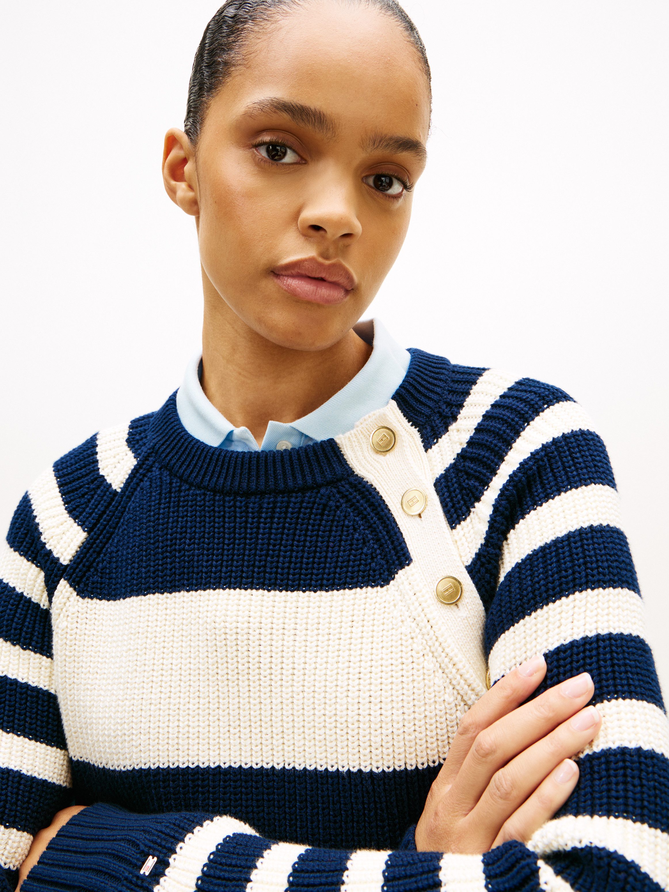 Tommy Hilfiger Strickpullover GOLD BTN UTILITY LS C-NK SWT mit goldfarbenen günstig online kaufen