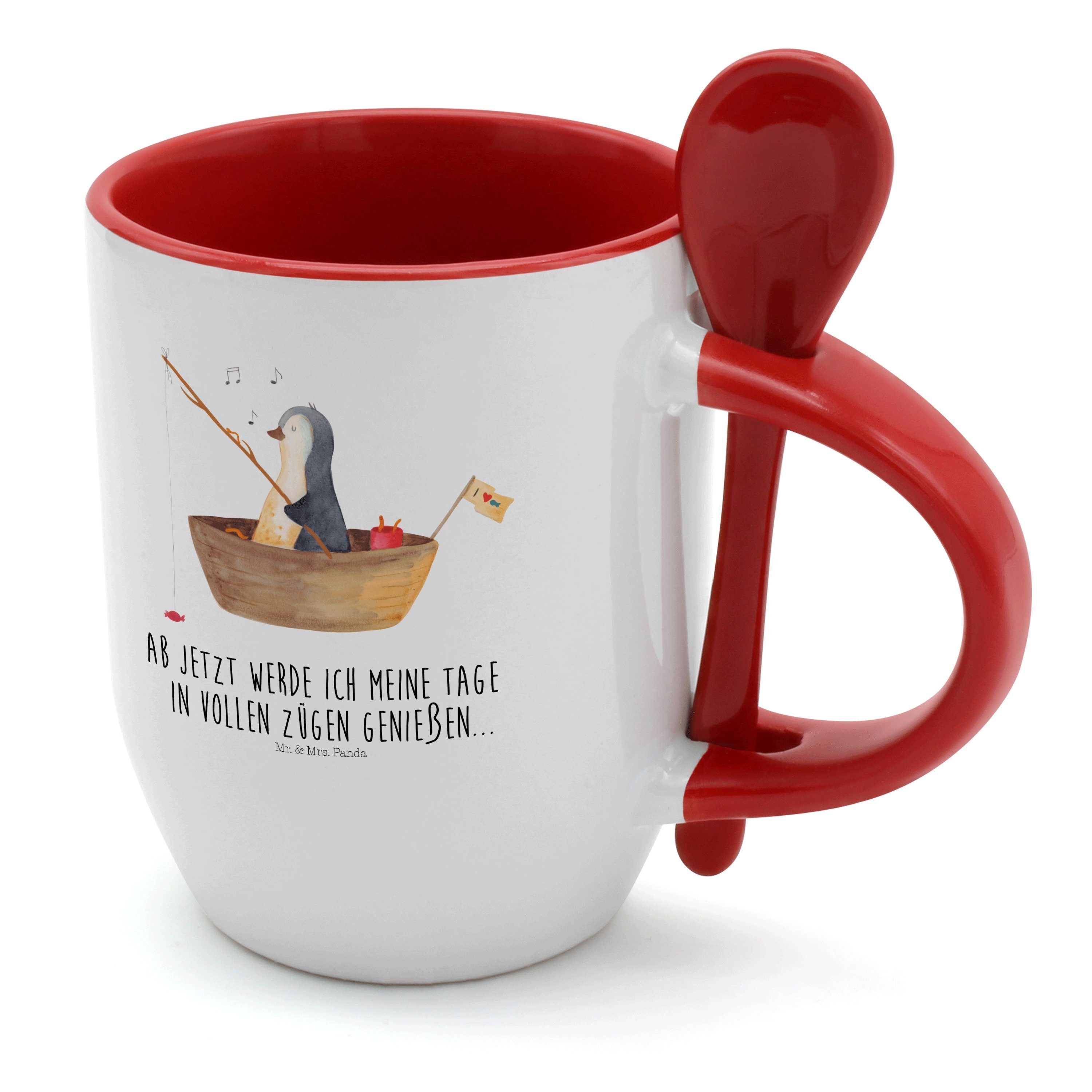 Mr. & Mrs. Panda Tasse Pinguin Angelboot - Weiß - Geschenk, Tassen, Tasse, Tasse mit Löffel, Keramik
