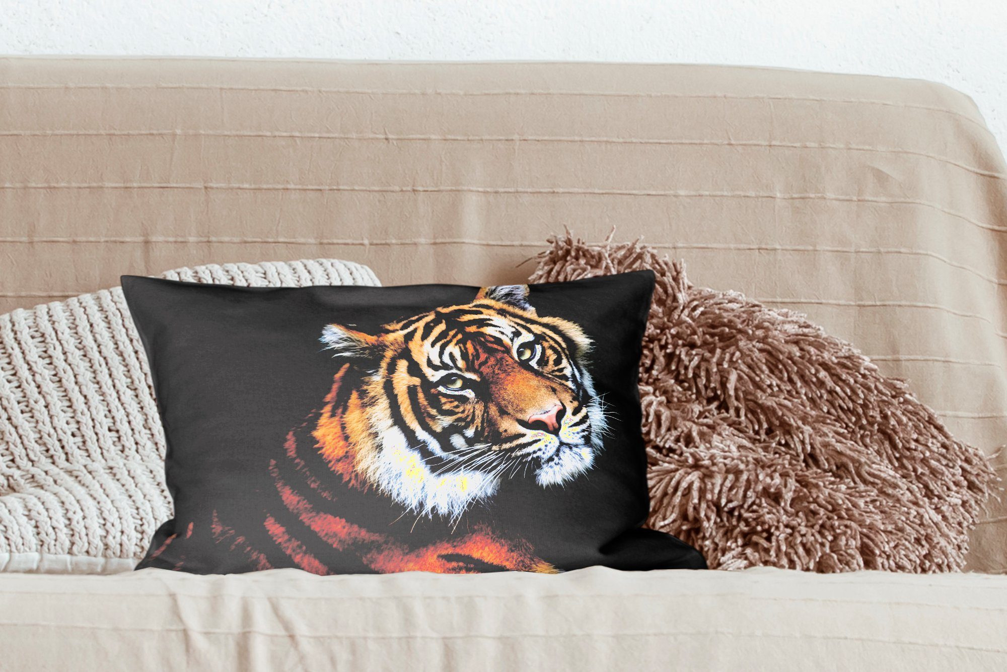 mit Schwarz, Porträt Dekokissen Wohzimmer Schlafzimmer Zierkissen, Dekoration, MuchoWow Füllung, - Tiger - Dekokissen