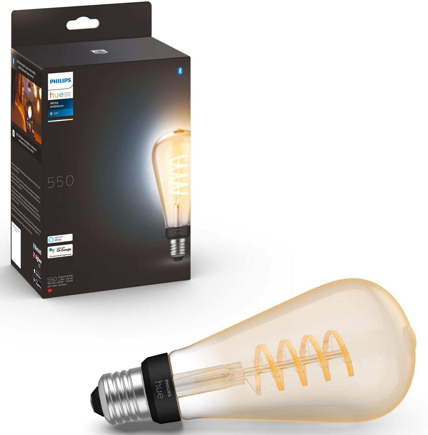 Philips Hue LED-Filament White - bis E27 St., E27, 1 300lm, Amb. tageslichtweiß warmweiß Einzelp GiantEdisonST72 CCT-Farbtemperatursteuerung Filam Warmweiß