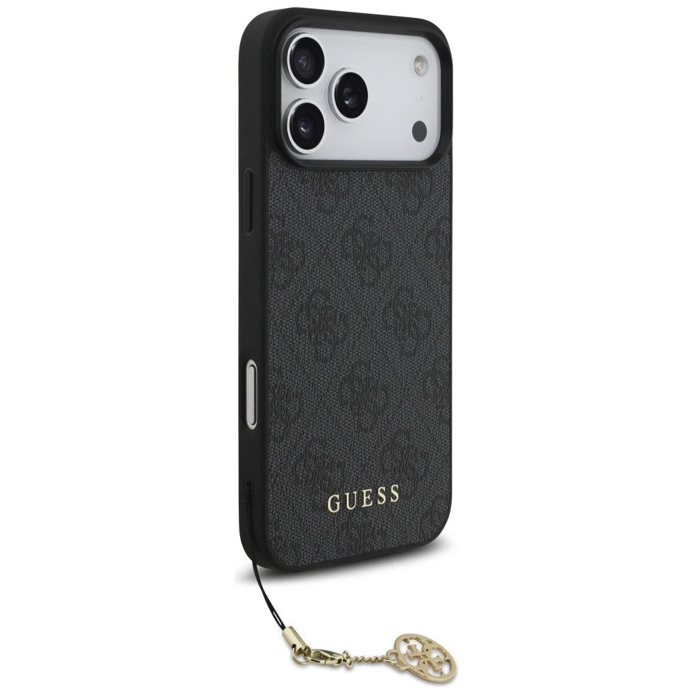 Guess Handyhülle iPhone 17 Pro Max MagSafe Kunstleder grau mit Kette goldfarbig 6,9 Zoll, Kantenschutz