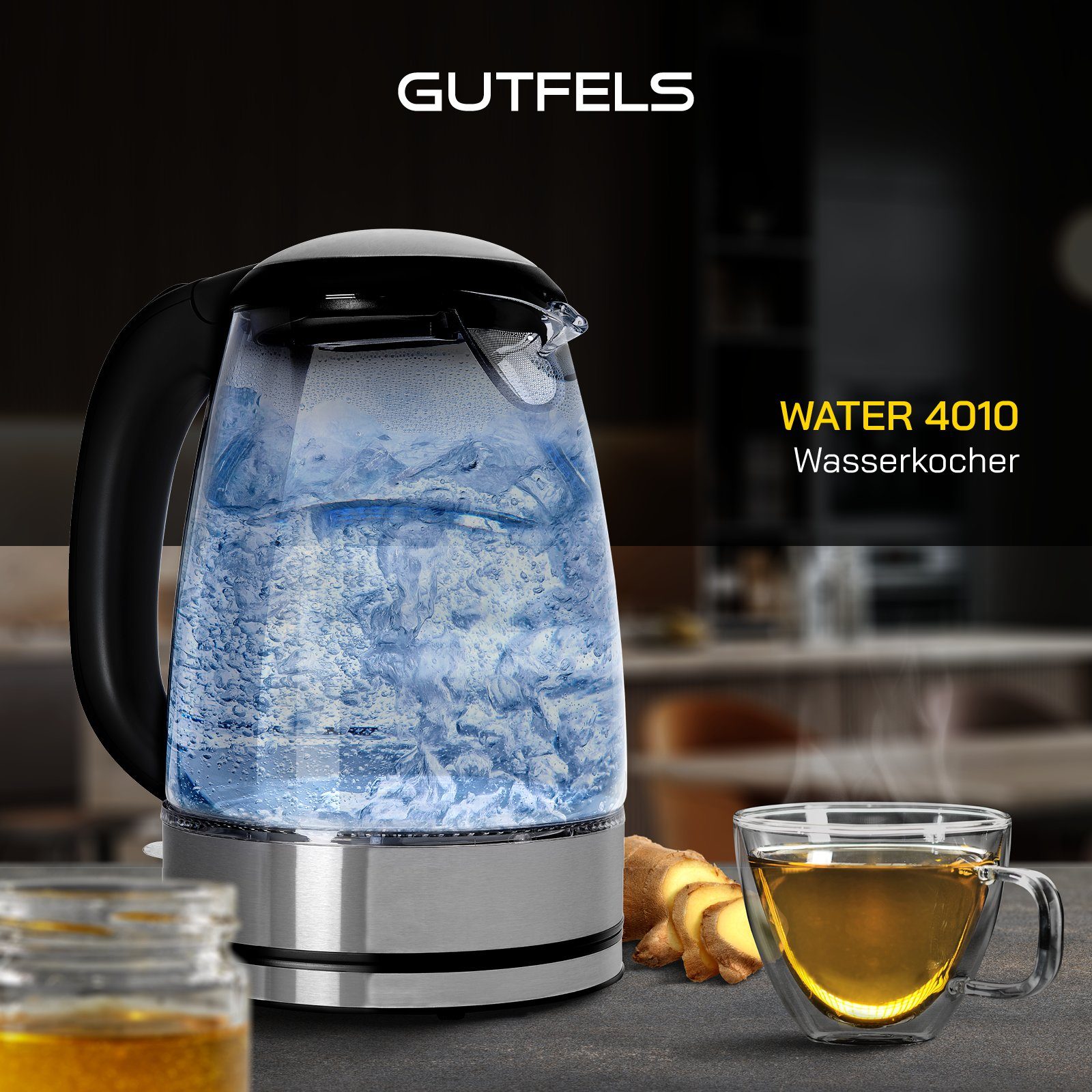 XL-Kocher Wasserkocher Gutfels l, 2200 W, 4010, mit blauer Ambientebeleuchtung 1.7 WATER