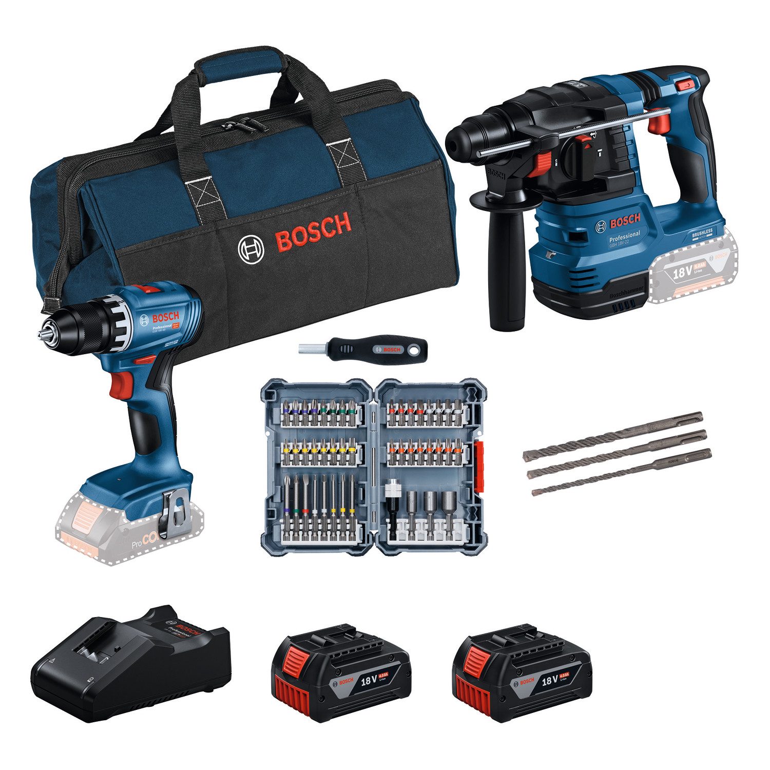Bosch Professional Elektrowerkzeug-Set 2 x 18V-Set, mit Hammerbohrer, Bit-Set, 2 Akkus und Schnellladegerät