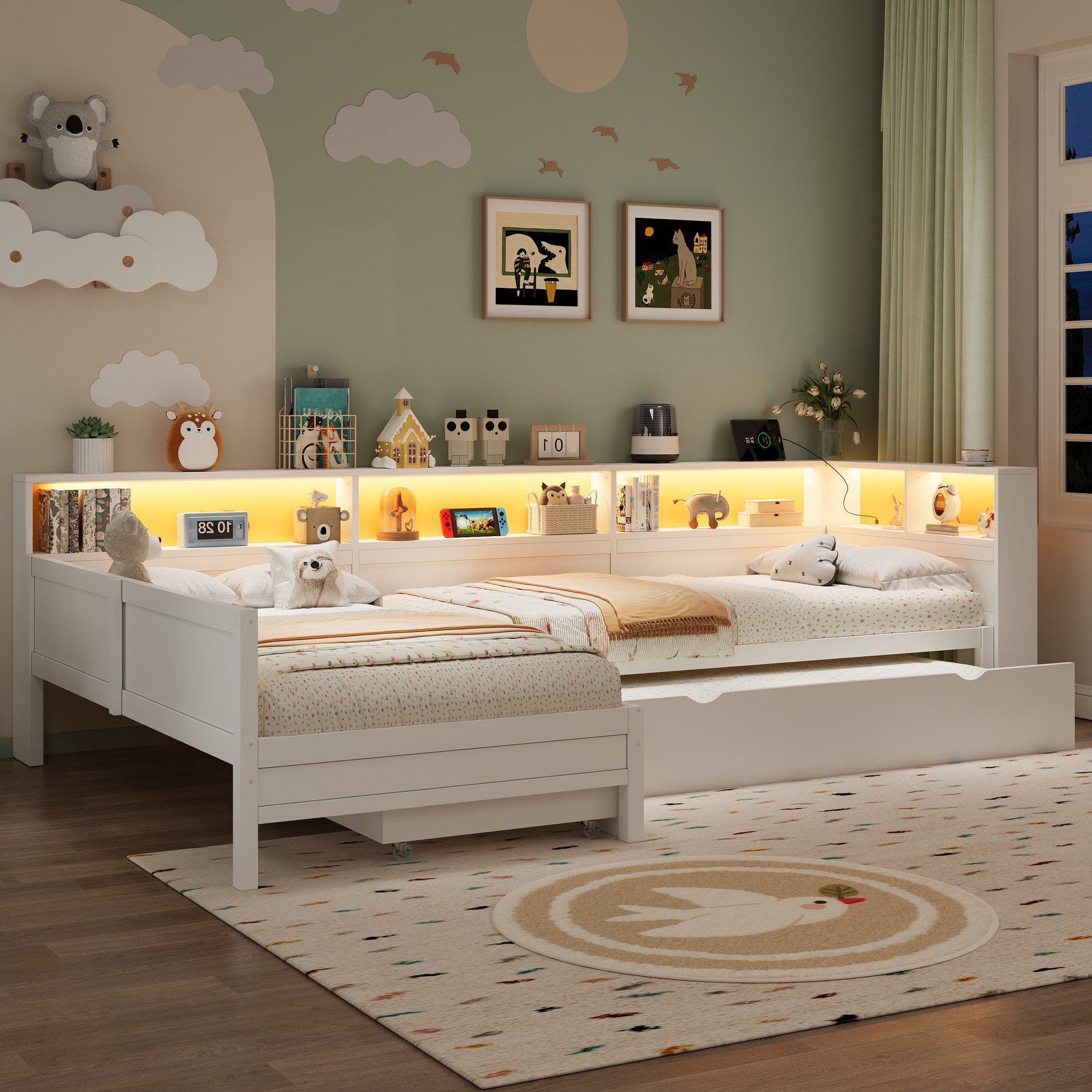 Flieks Kinderbett, Dreierbett Daybett 90x200cm*2 mit Ausziehbett 90x190cm und Schublade