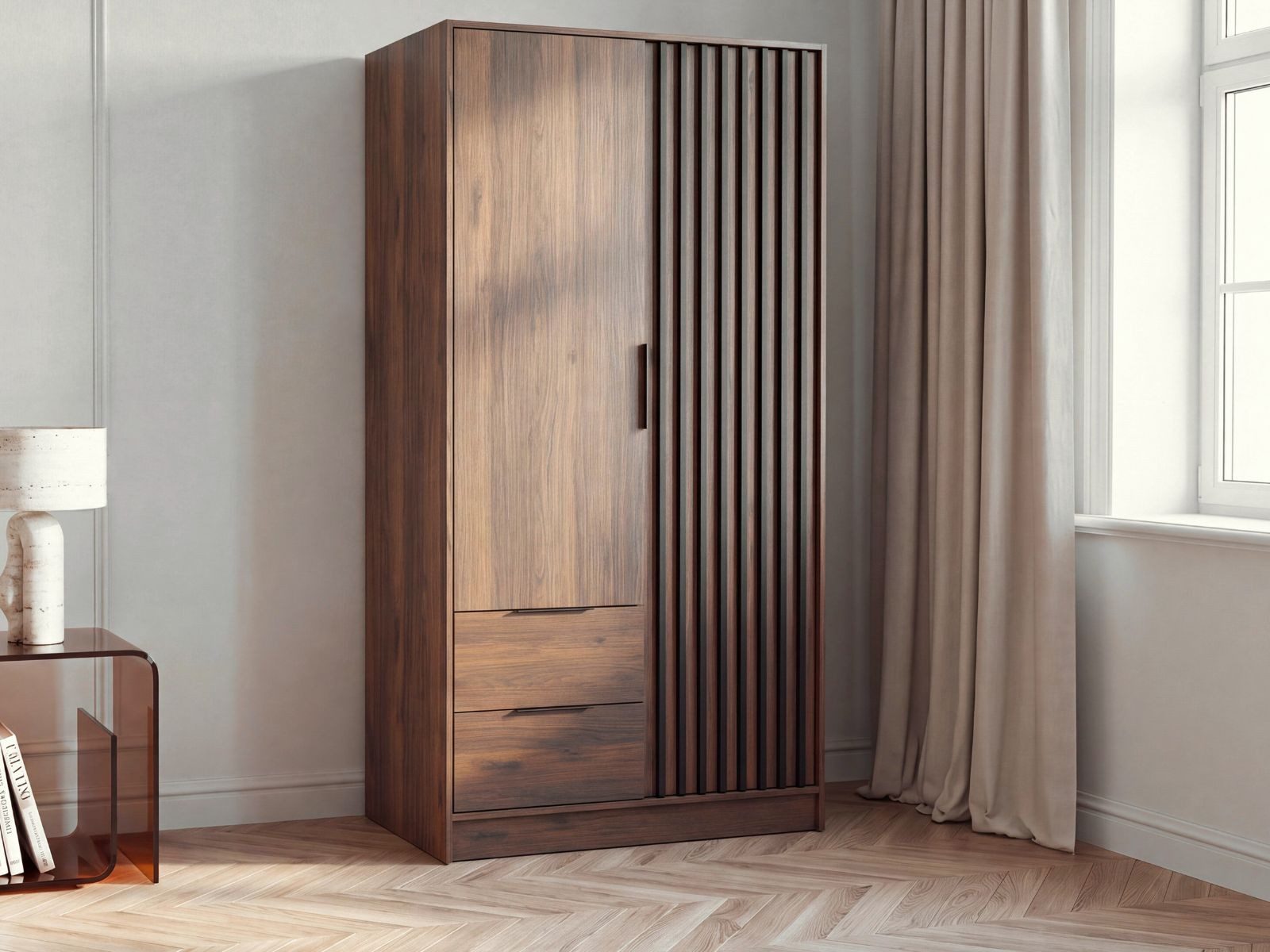 Compleo Kleiderschrank Garderobenschrank LISA in Nussbaum mit Kleiderstange Breite: 105 cm