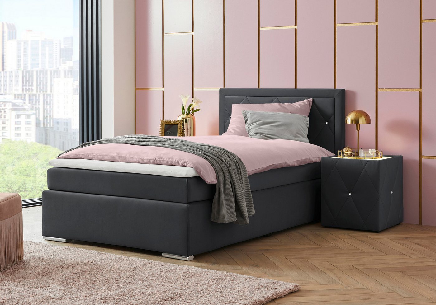 Home affaire Boxbett ALFIE, Polsterbett wahlweise mit Bettkasten, Samtvelours-Bezug (mit PUR-Schaumtopper (H2), Kaltschaumtopper (H3) oder Viscotopper (H4), mit Bonnell-oder Taschenfederkernmatratze H2,H3, H4, 120/140/180x200cm