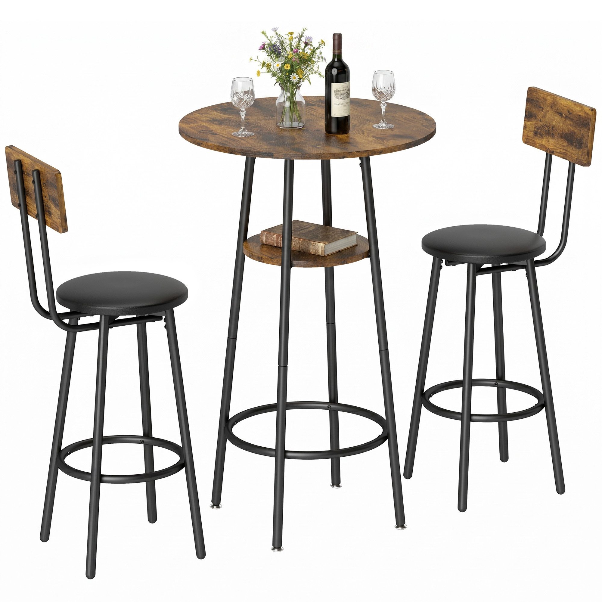 HOMCOM Bargruppe Bartisch mit Barhocker-Set Esstisch mit 2 Gepolsterten Stühlen, (Set, 3-tlg., 1 Tisch, 2 Hocker), Gepolsterte Barhocker, offene Ablage, platzsparend
