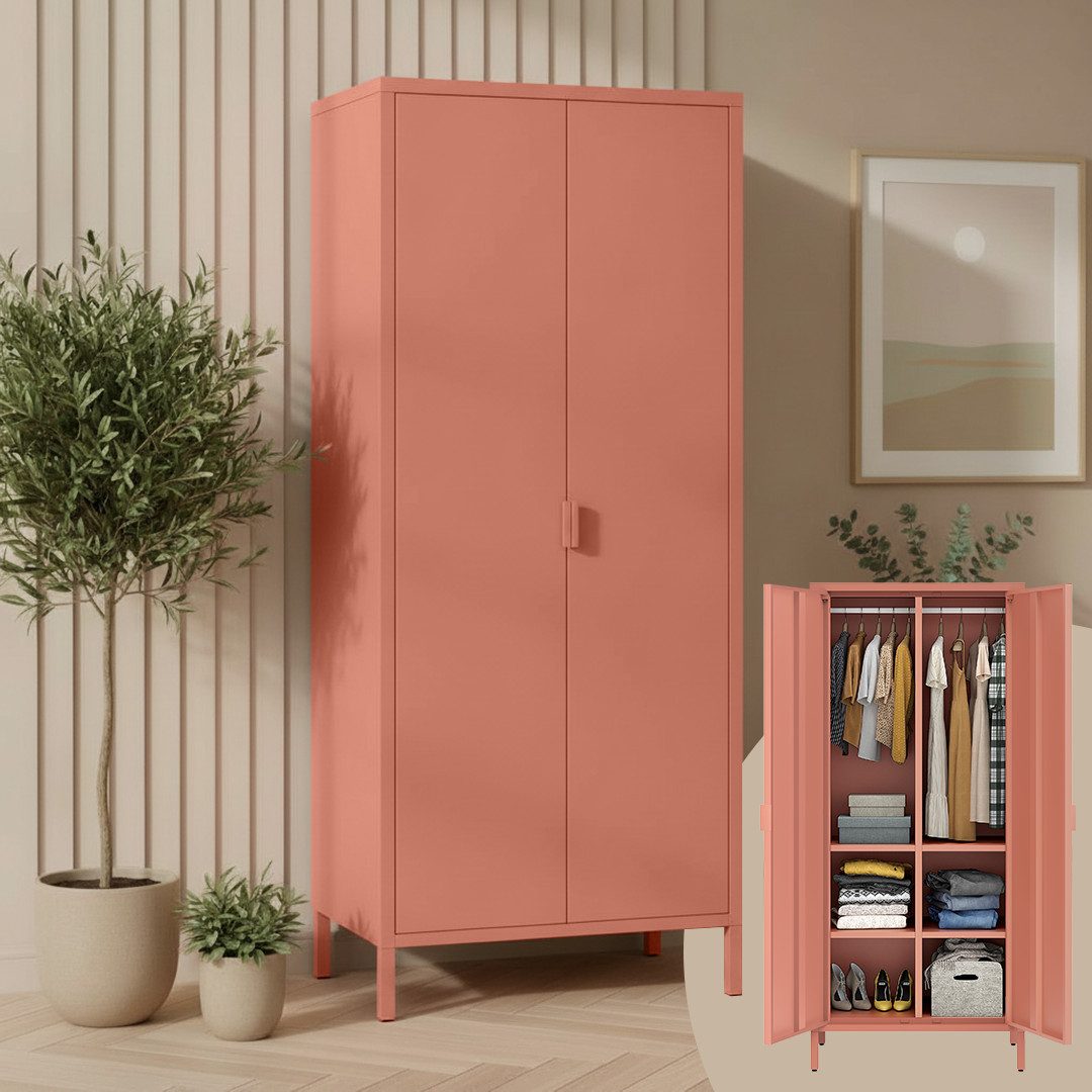 skølm Kleiderschrank Ituri aus Metall (Rostrot) Metallschrank mit 6 Fächern & 2 Kleiderstangen, 170x80x45 cm