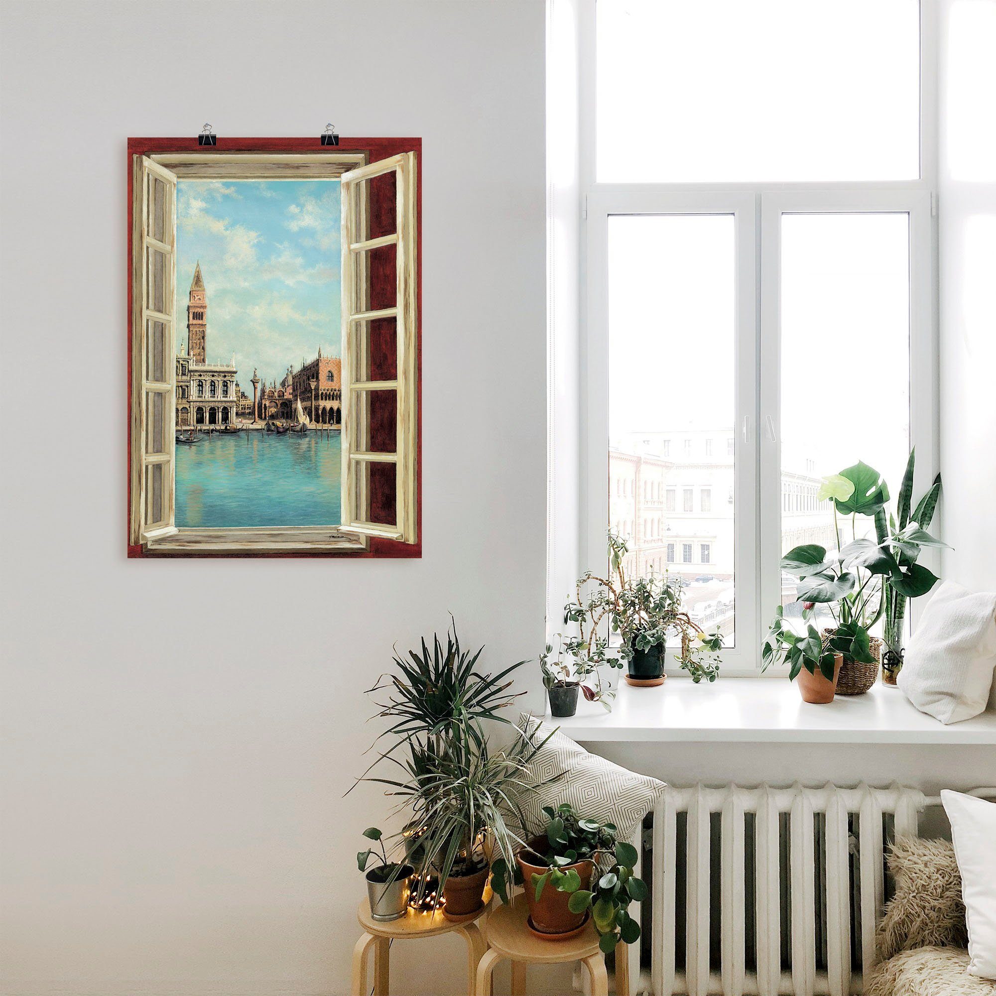 Artland Wandbild Fenster in Blick mit Wandaufkleber Leinwandbild, St), Größen oder auf Venedig, Fensterblick Alubild, versch. (1 als Poster