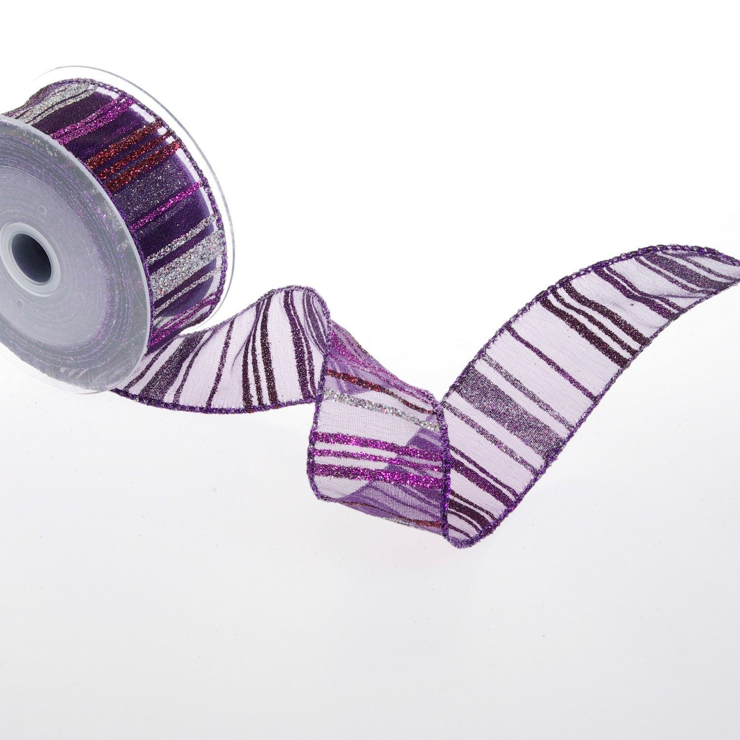 Deko AS Geschenkband Organza-Band Weihnachten – Lila mit Glimmerstreifen – 40mm 10m, mit Drahtkante