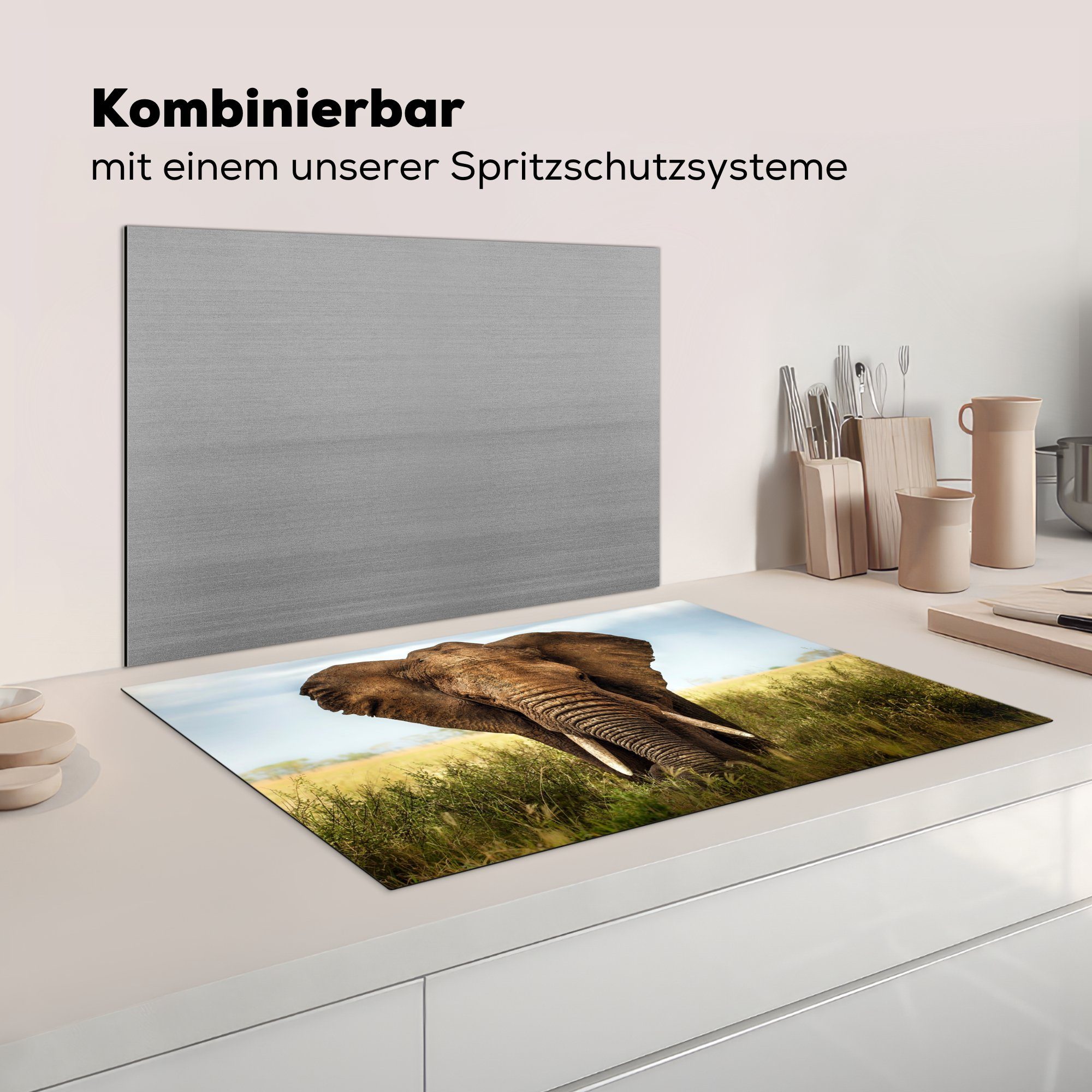 MuchoWow Herdblende-/Abdeckplatte Elefant - küche, Schutz Tiere cm, tlg), - Induktionskochfeld - die 81x52 Vinyl, Ceranfeldabdeckung Gras für Natur, (1