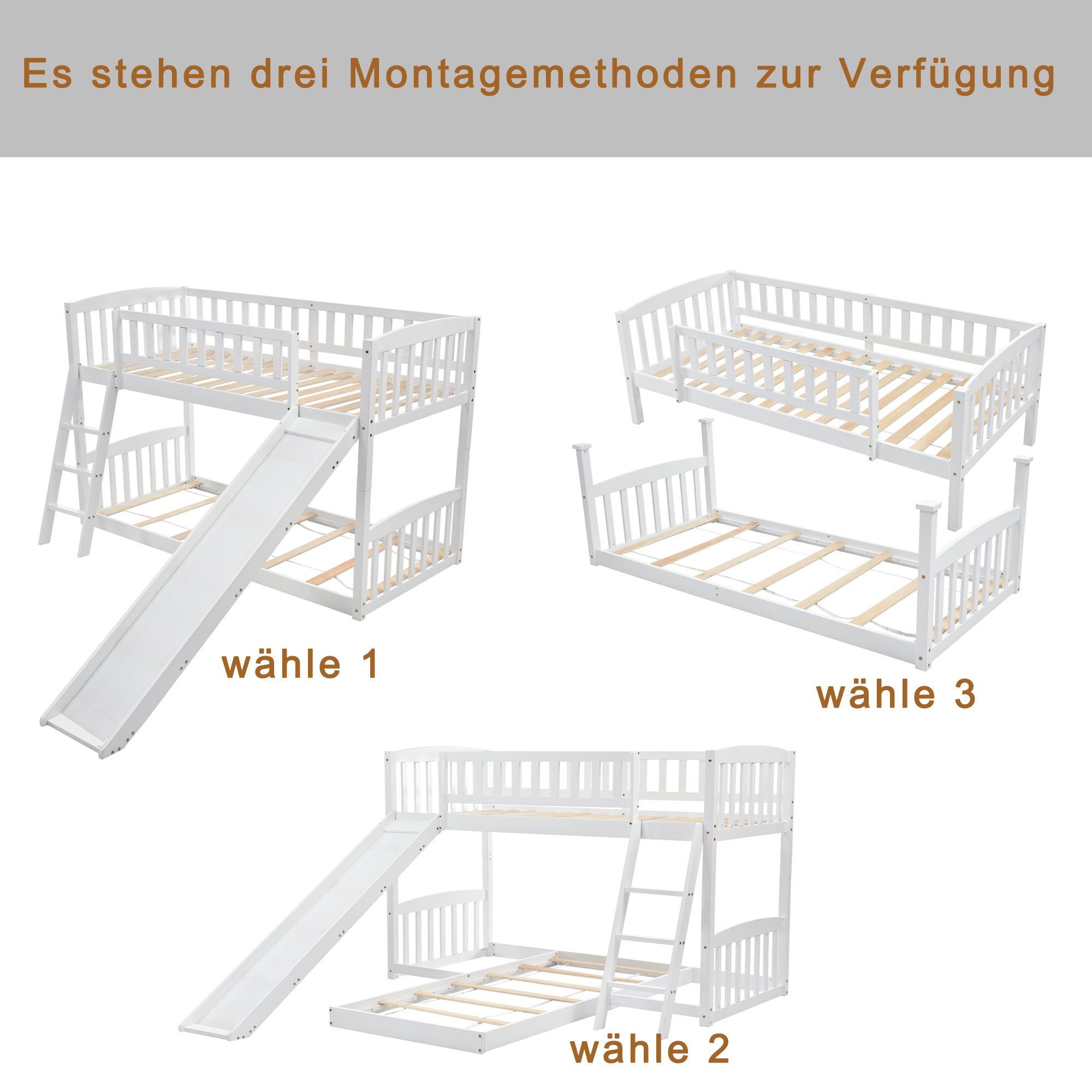 Etagenbett Hochbett, mit Kinderbbett weiß (2-St), Rutschbahn, Merax 90x200cm