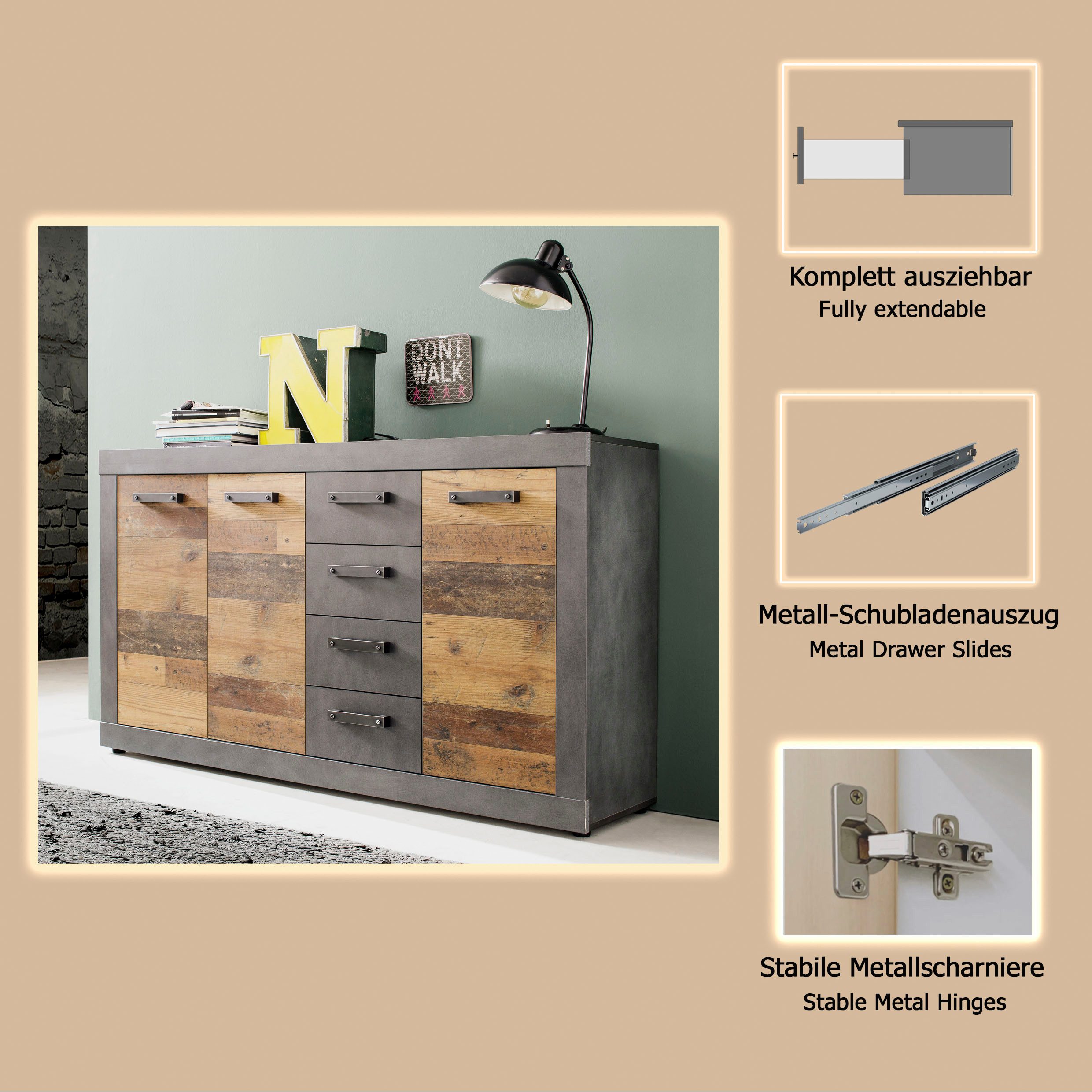 Home affaire Kommode Ilana, Kommode mit 3 Türen & 4 Schubladen - (B/T/H) 151/37/86 cm