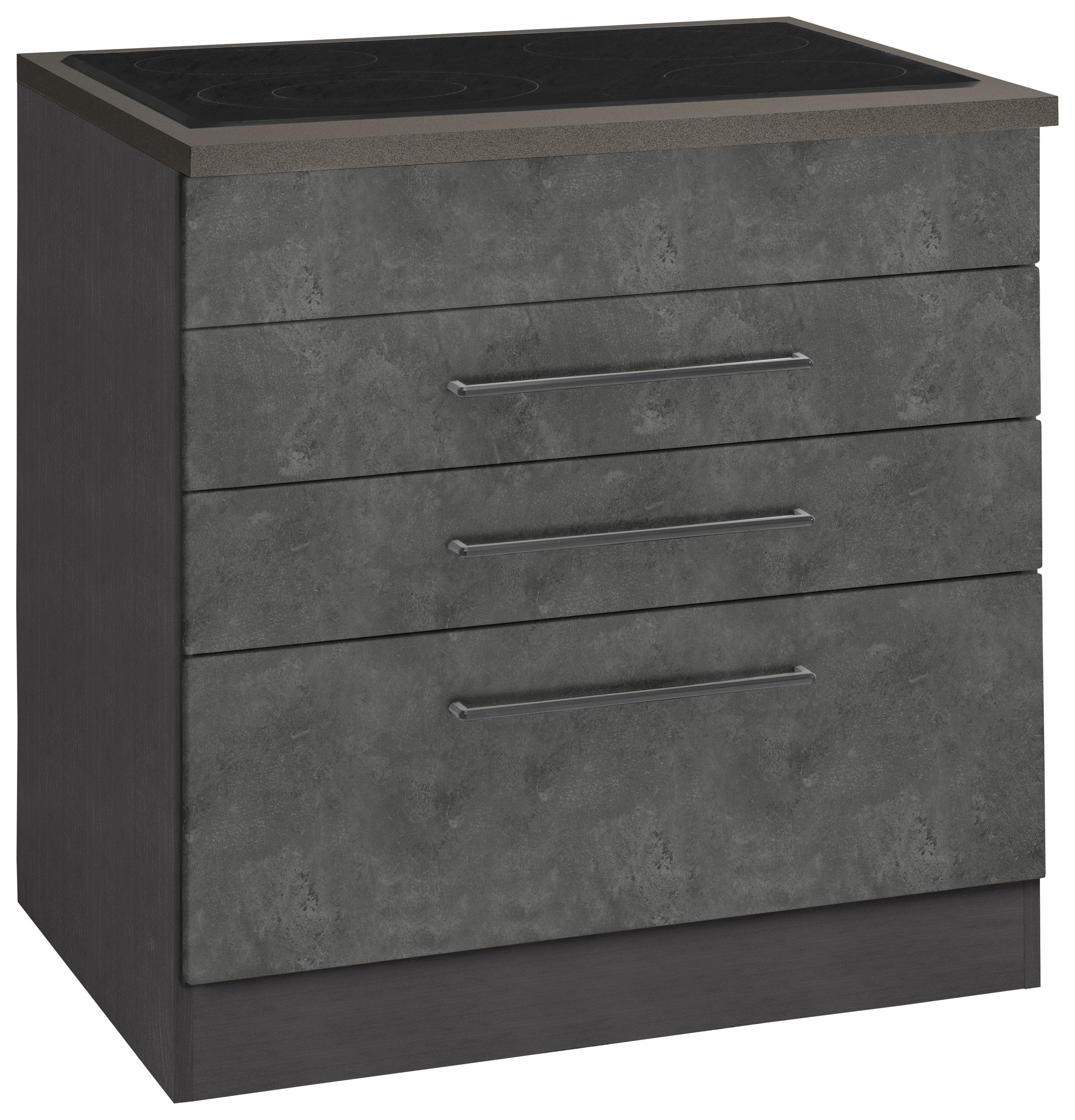 HELD MÖBEL Kochfeldumbauschrank Tulsa 80 cm breit, 2 Schubladen, 1 großer Auszug, schwarzer Metallgriff betonfarben dunkel | grafit