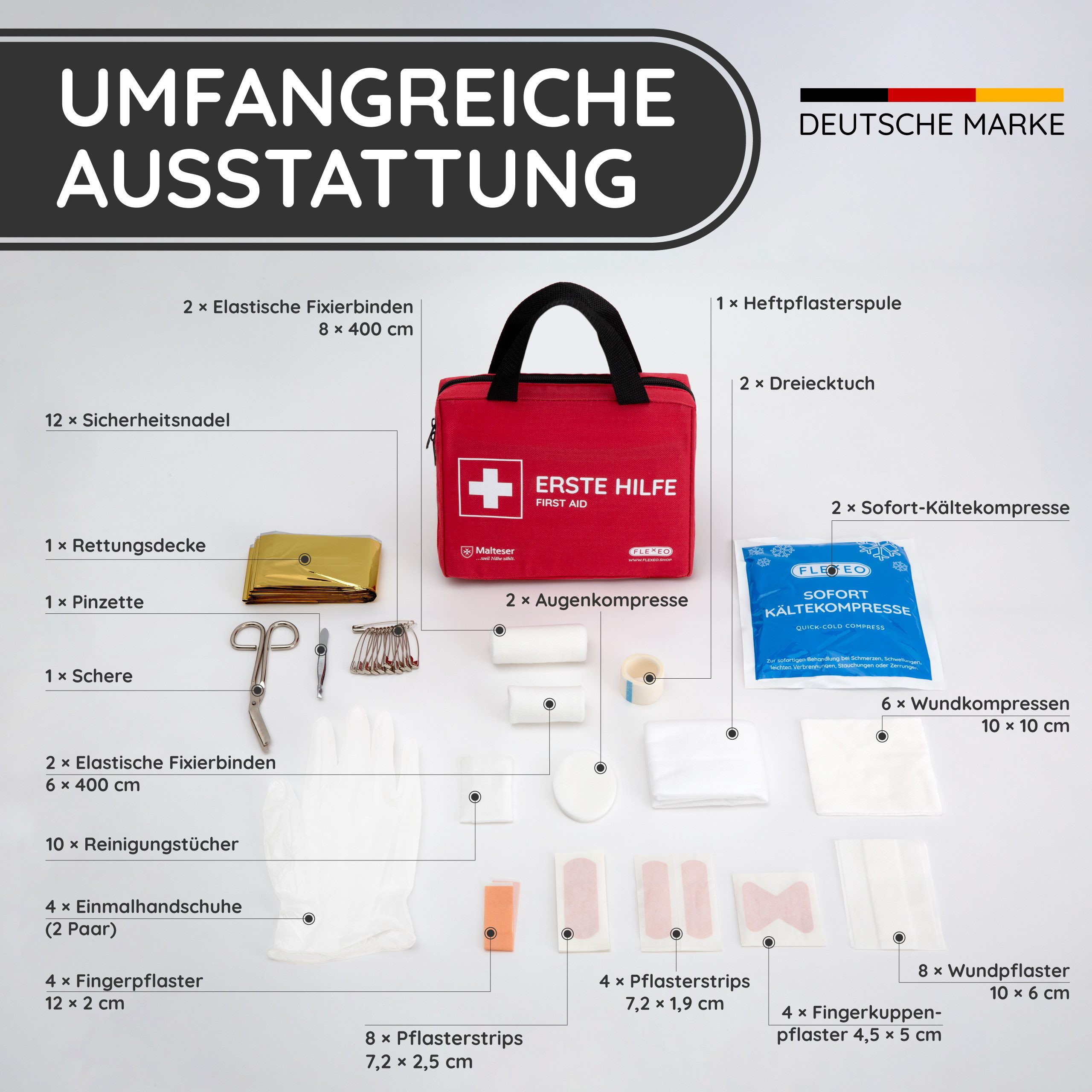 FLEXEO Erste-Hilfe-Set Discovery, (1 St), Notfallset für Unterwegs & Zuhause