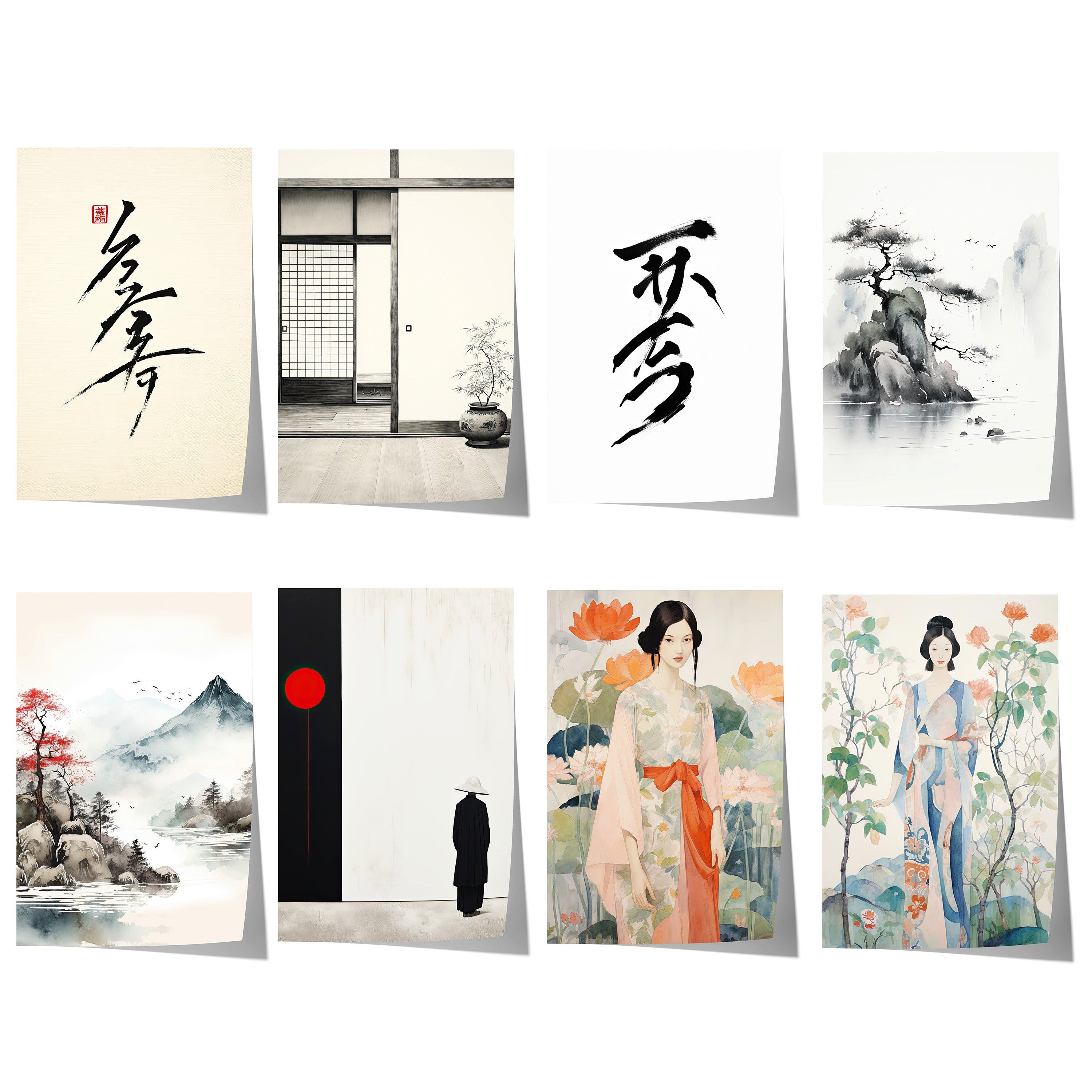 JUSTGOODMOOD Poster Japan Geschenkidee Zen Minimalismus Kalligrafie Geisha und Landschaft, A (1 St)