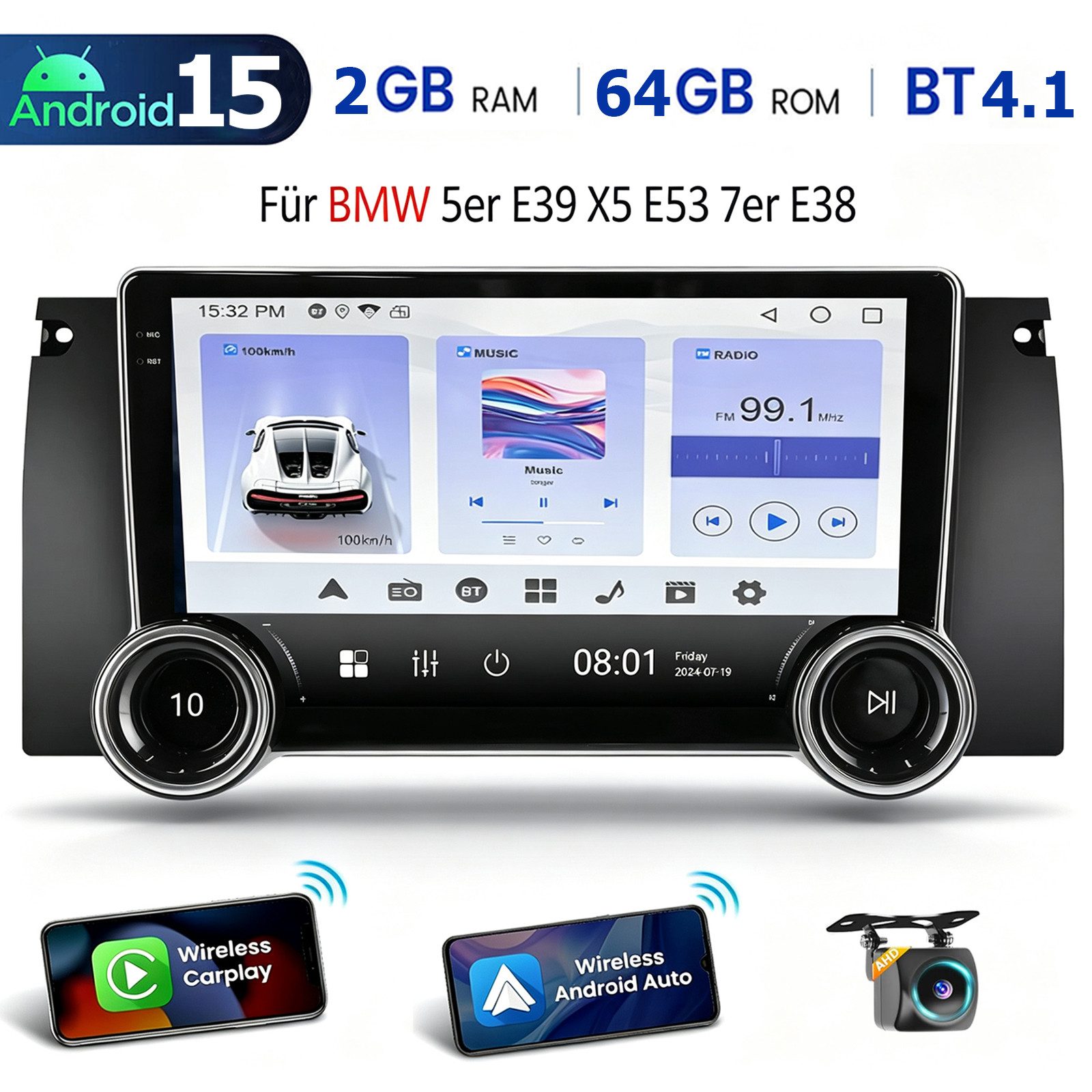 ESSGOO DAB+ Android 15 Autoradio Carplay Für BMW 5er E39 X5 E53 E38 GPS NAVI Autoradio (RDS, 4+64GB(optional), Digitalradio (DAB), FM, SWC, Apple Carplay Android Auto GPS Navi WIFI BT 4.1 EQ)