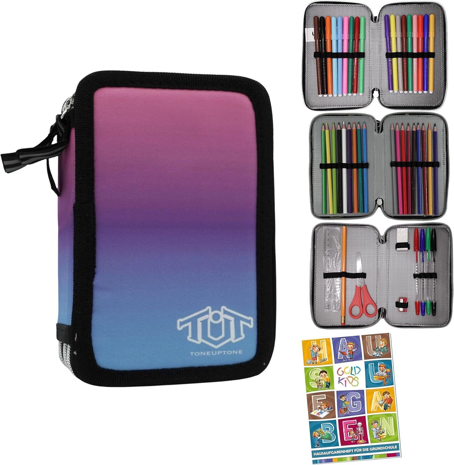 GOLDKIDS Federmäppchen Federtasche Federmappe Federmäppchen XXL Schüleretui, (Federtasche Federpenal Schulmäppchen, 1-tlg., ToneUpTone Ombre 3 Fächer 45-teilig), gefüllt inkl Hausaufgabenheft