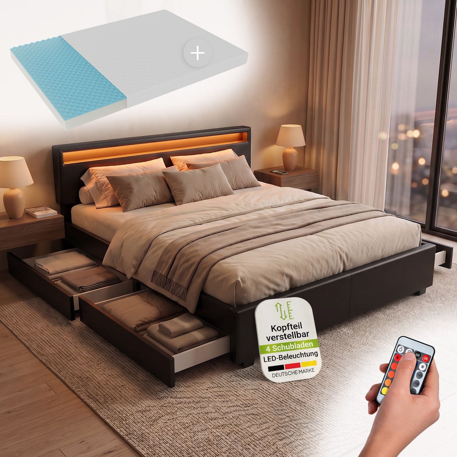Juskys Polsterbett Lyon mit Matratze, 180x200 cm, ausziehbare Bettkästen, LED-Licht, inkl. Matratze