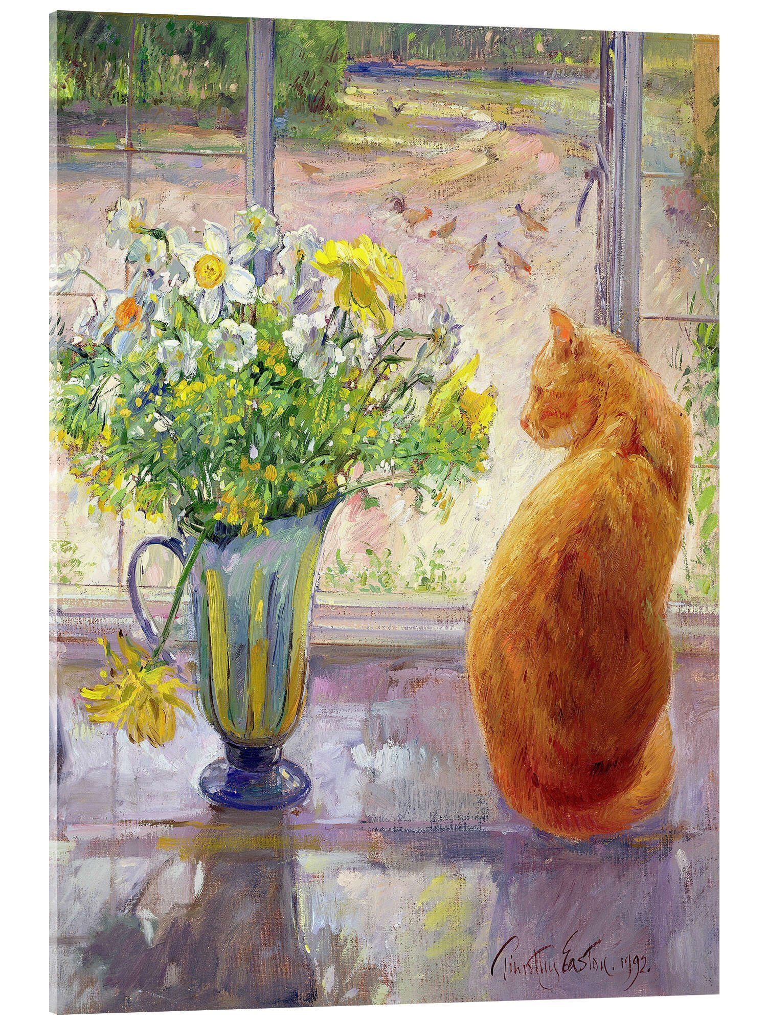 Posterlounge Acrylglasbild Timothy Easton, Katze mit Blumen im Fenster, Küche Malerei