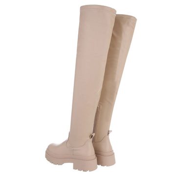 Ital-Design Damen Freizeit Plateaustiefel Blockabsatz Overknees in Beige