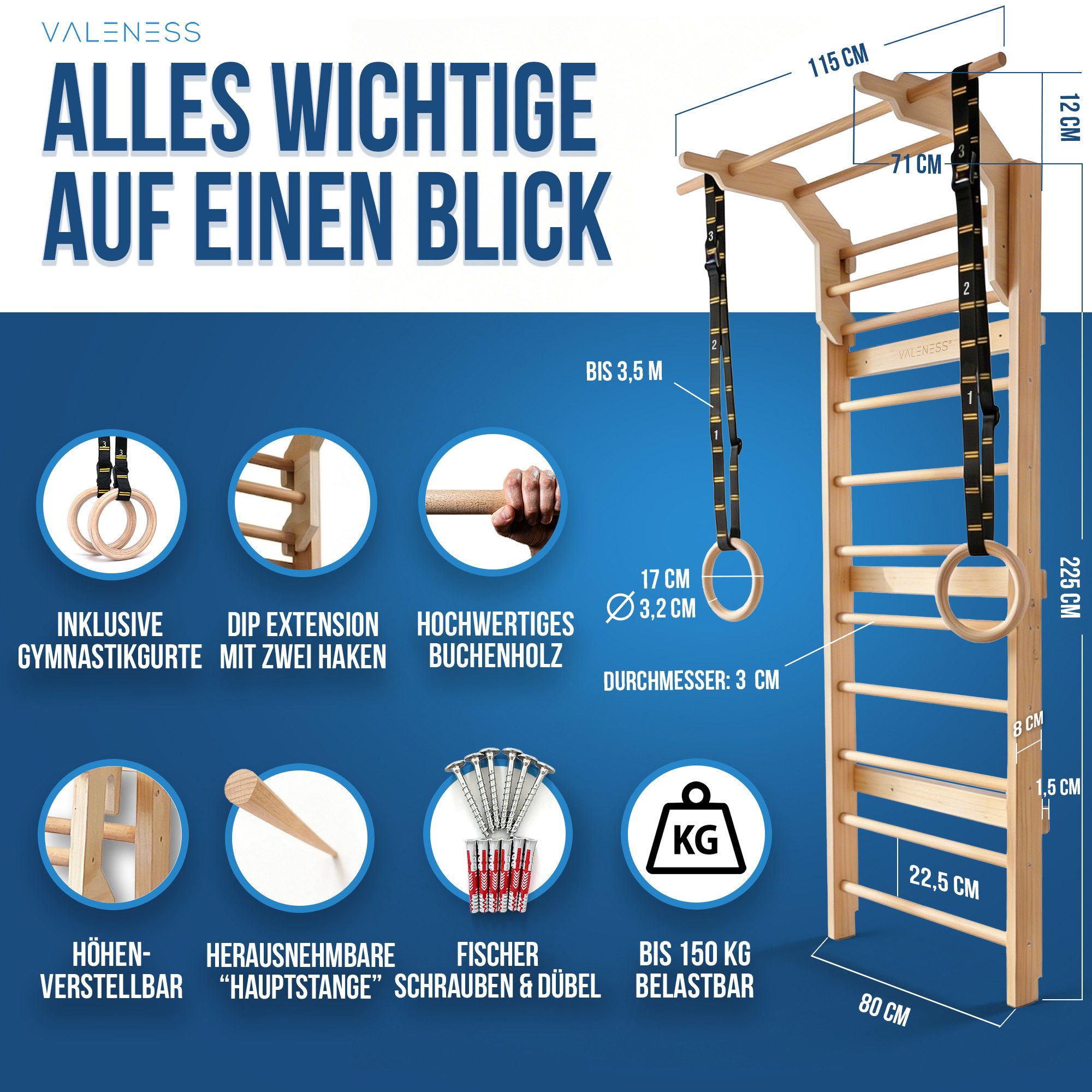 VALENESS Sprossenwand Sprossenwand aus Holz mit Klimmzugstange, Dip-Station & 2 Turnringen