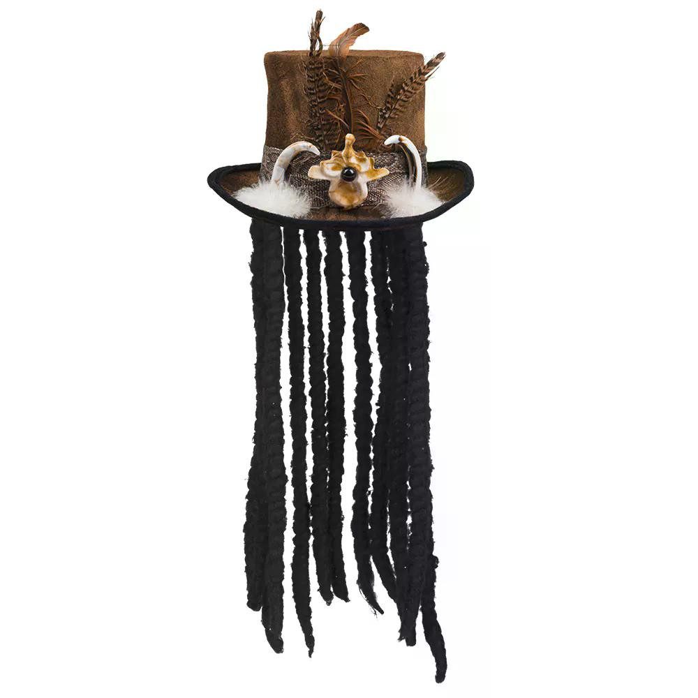 Boland Zauberer-Kostüm Voodoo Hut Buluku mit Haar braun Karneval Halloween Kostümaccessoire, Mit langen schwarzen Haaren Hut mit Schädel und Federn
