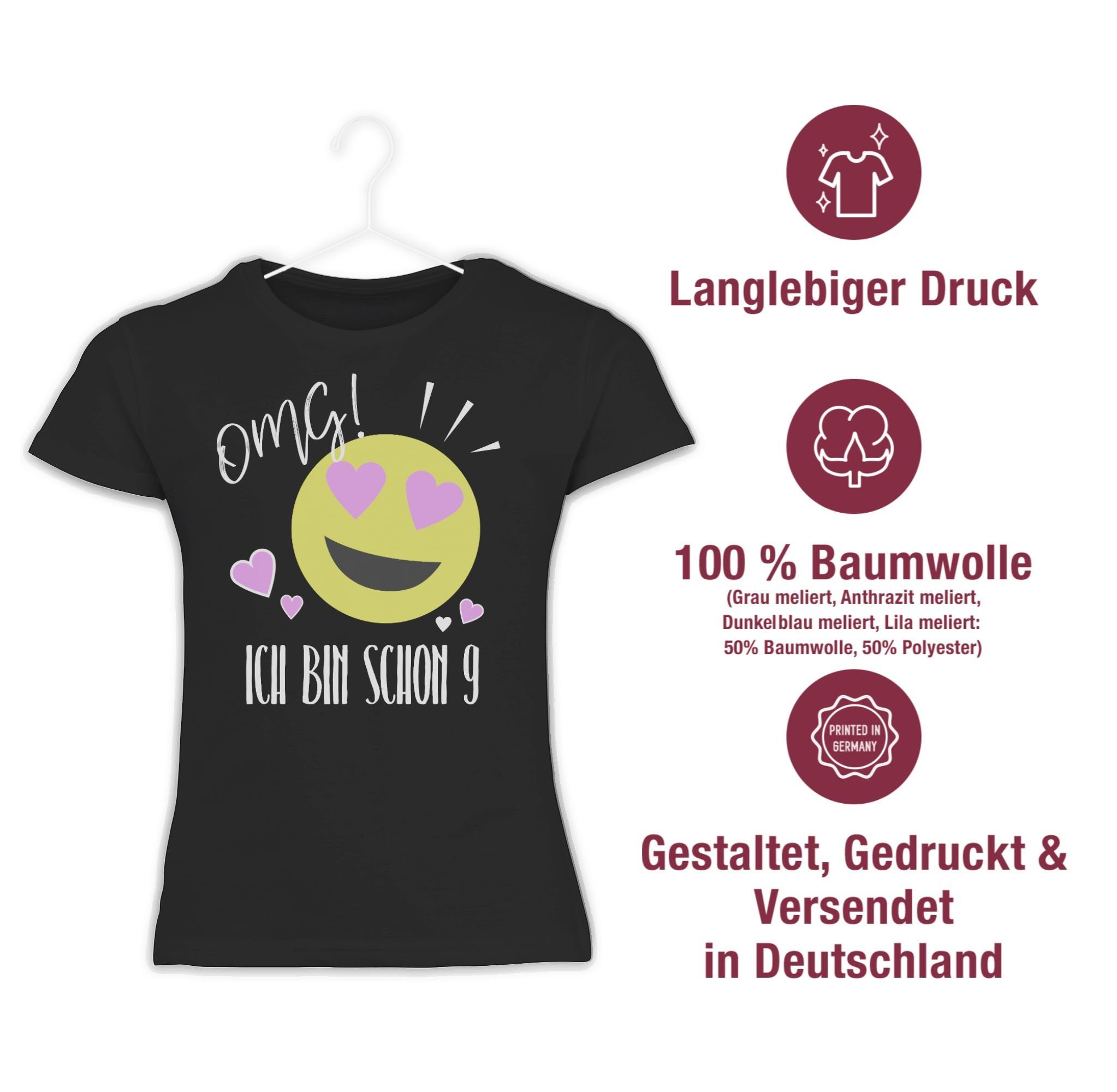 OMG 2 Schwarz neun schon 9. Ich T-Shirt bin Shirtracer Geburtstag Emoticon