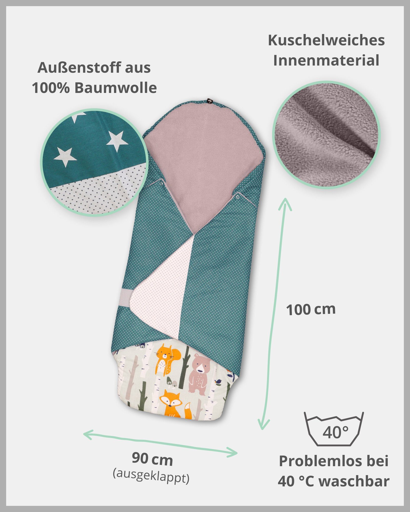 Made EU, Petrol, Frühling, Winter, Waldtiere die für TOG-Wert ULLENBOOM Einschlagdecke Babyschale, in und Optimal Herbst Für 2,5 ®,