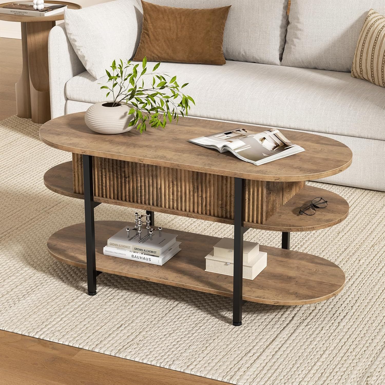 FABATO Couchtisch oval, höhenverstellbar mit verstecktem Stauraum, 3-Etagen-Design (1-St), 105.9×45×50-63.5cm, natur