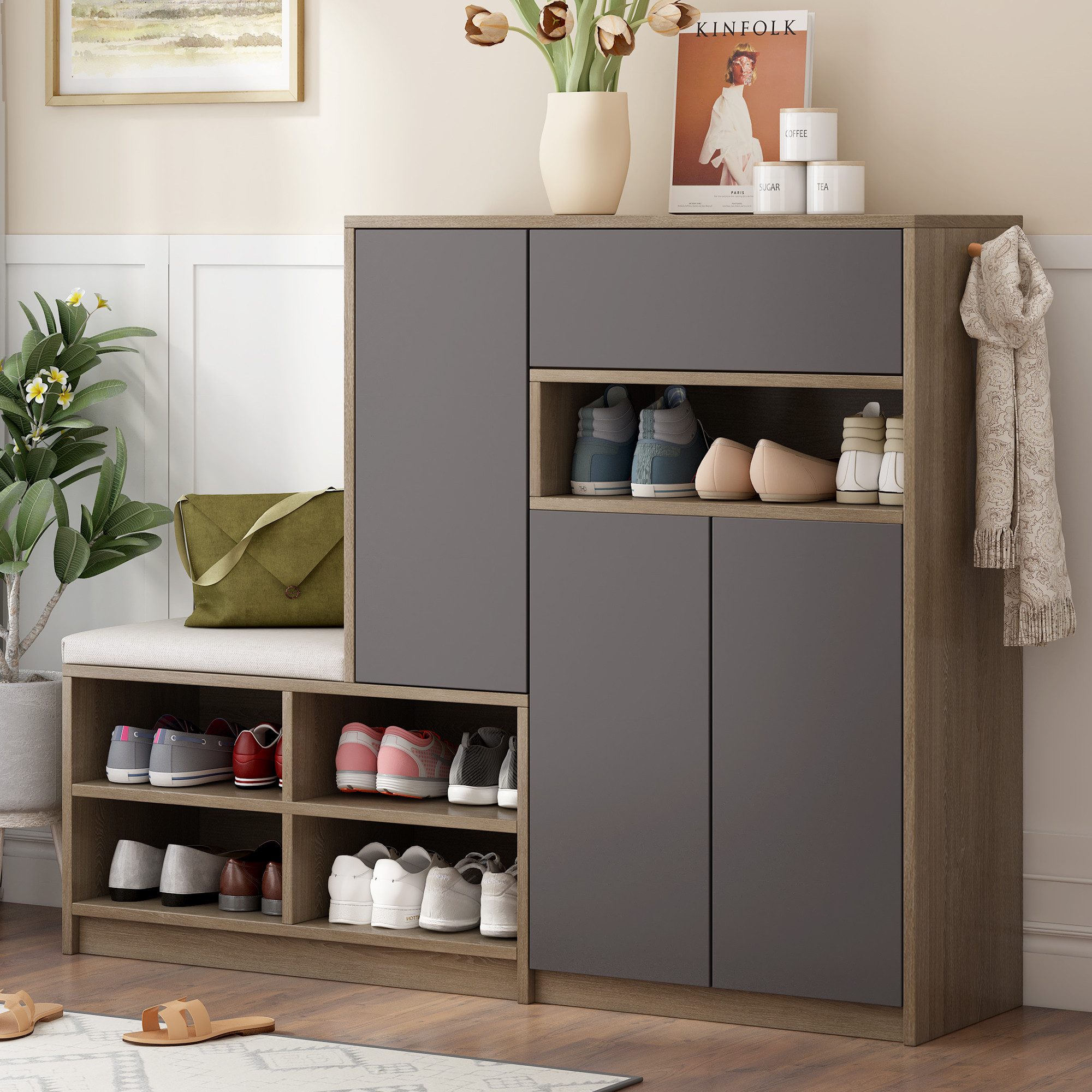 Merax Schuhschrank mit 3 Tür, Schubladen, Offene Fächer (1-St., Schuhkipper, Schuhkommode, Schuhablage) für 15–20 Paar Schuhe