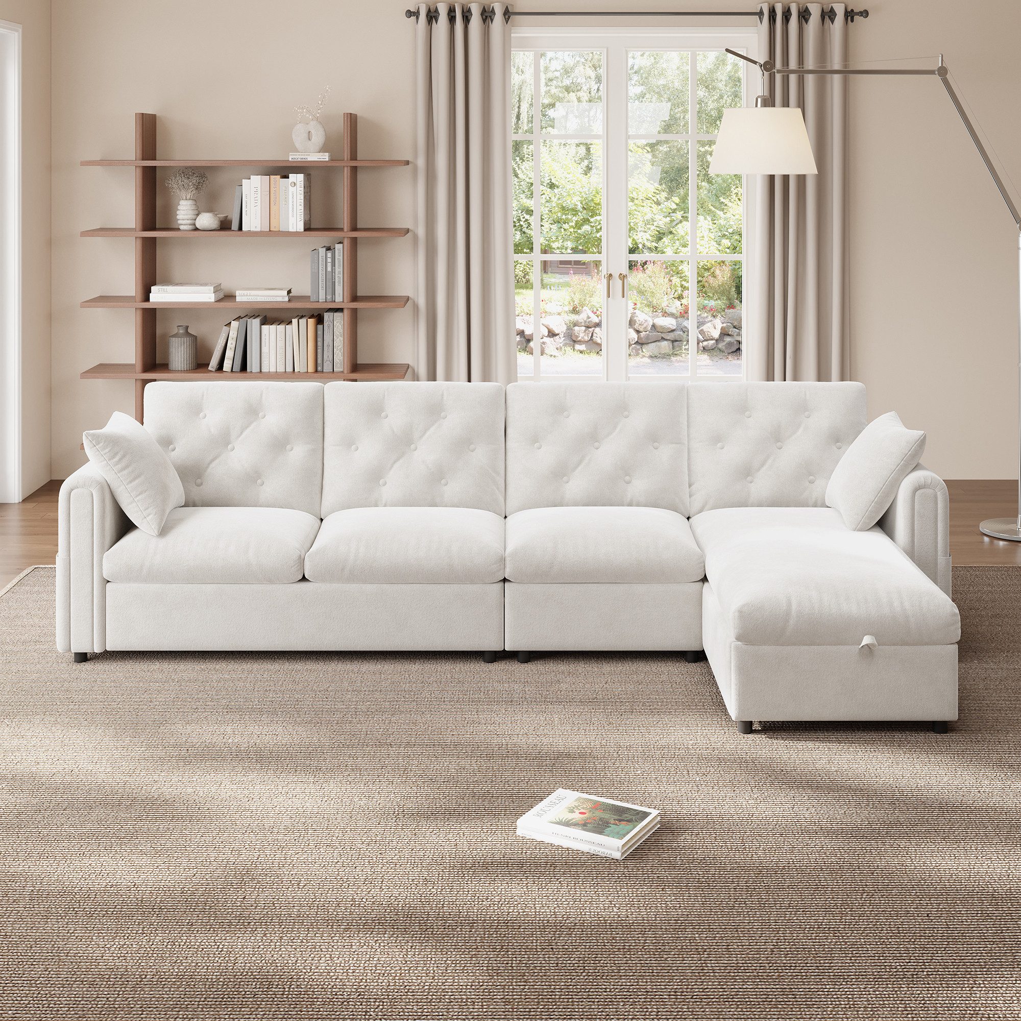Merax Ecksofa L-förmiges 4-Sitzer sofa, 1 Teile, mit Bettkasten, Schlaffunktion, Kissen und Magazintaschen, Couch, Samt