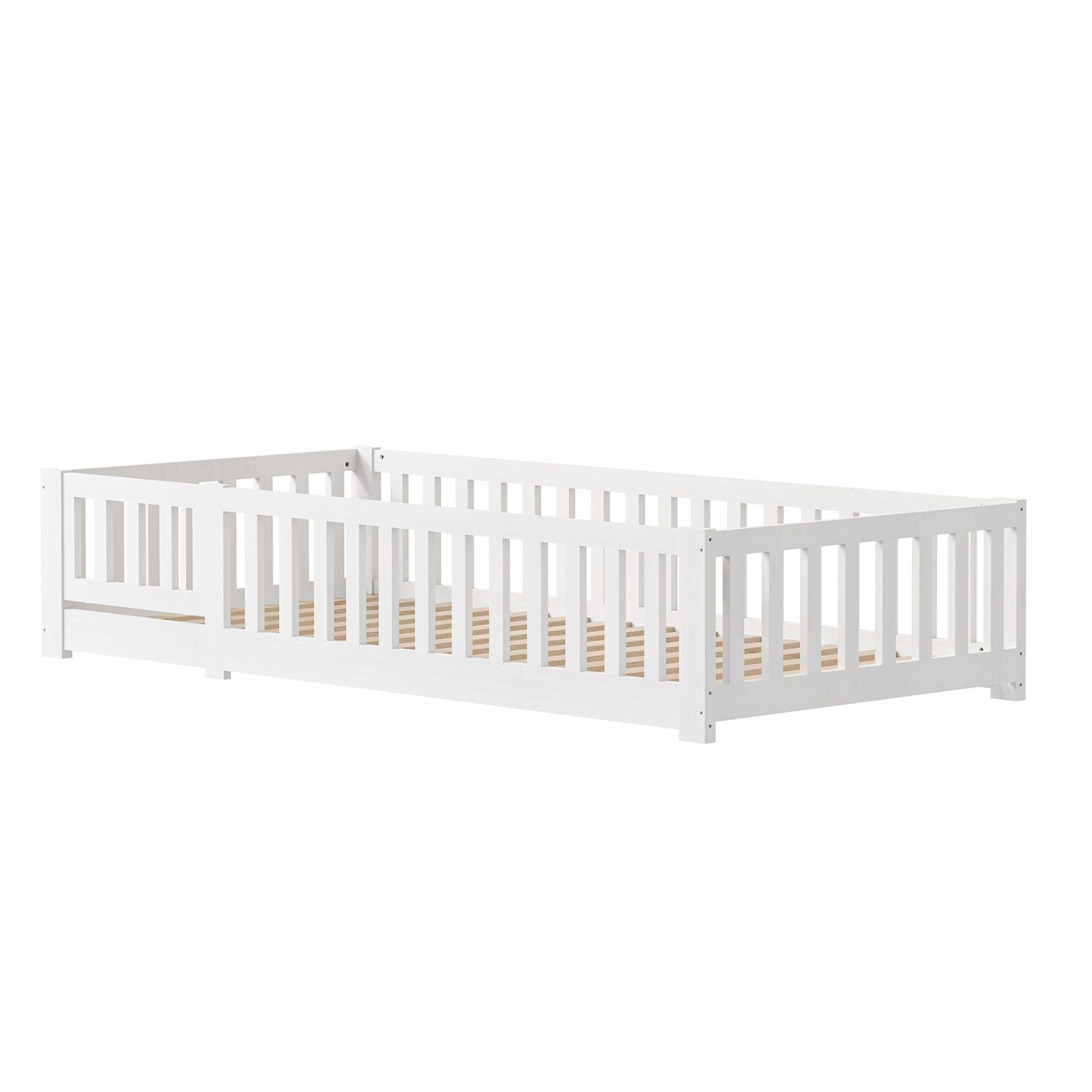 FUROKOY Einzelbett 90x200 cm Bodenbett Bett Massivholzbett Holzbett Weiß Einzelbett (mit Lattenrost und Rausfallschutz in weiß, Junior-Bett), bis zum 6. Lebensjahr