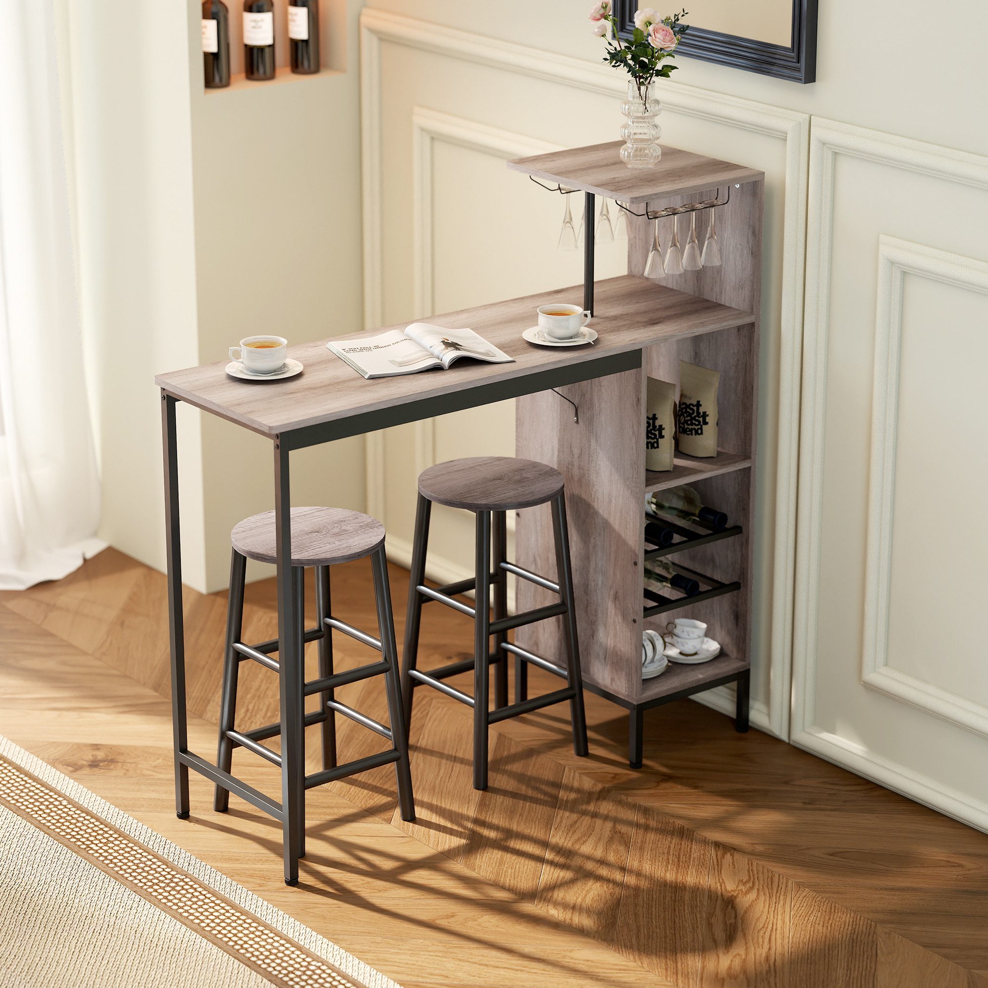 HOMCOM Bargruppe Esstisch mit Weinglashalter, Ablage, Industrial Bartisch Set, (Bartisch-Set, 3-tlg., Esstisch mit 2 Stühlen), Platzsparendes Design, Grau