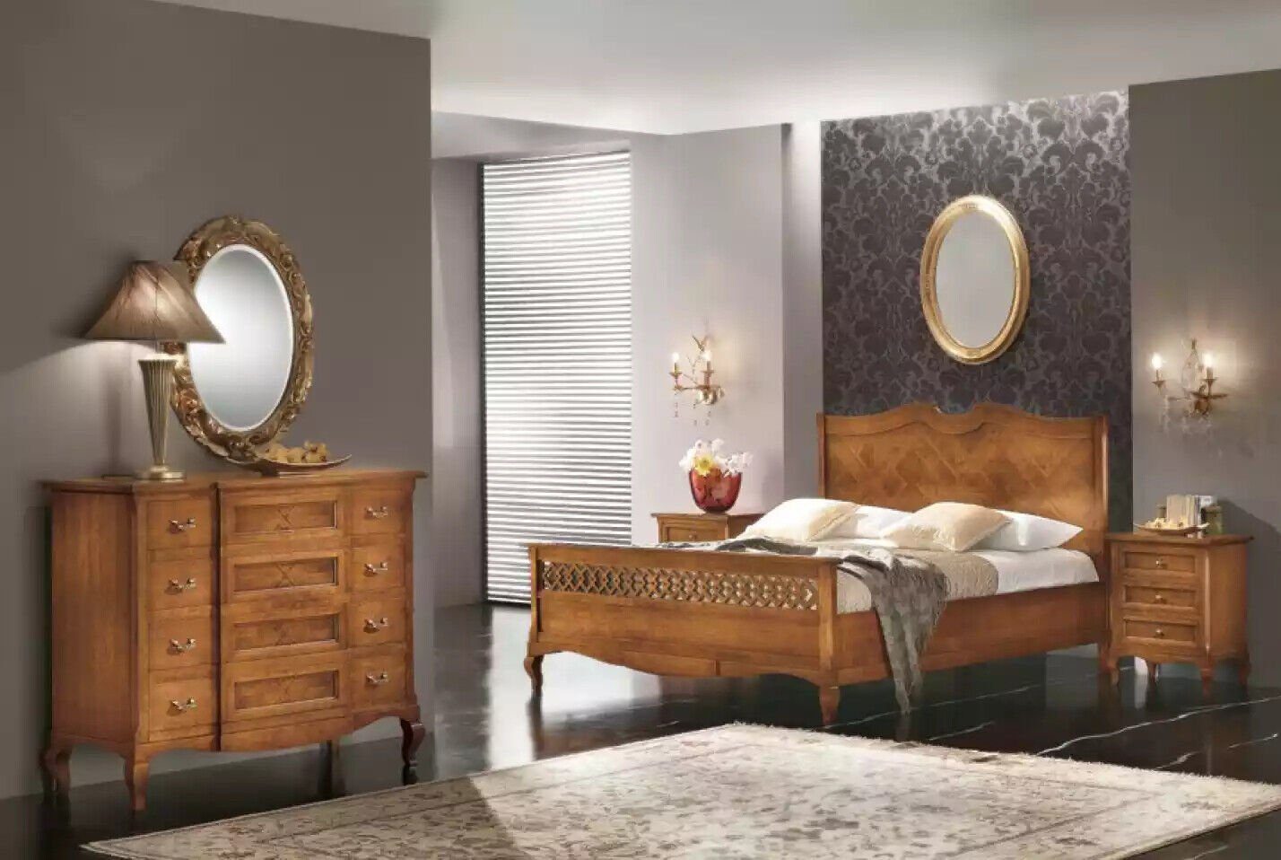 JVmoebel Schlafzimmer-Set Braun Bett 2x Nachttische Kommode 5tlg. Set Italienische Möbel, (5-St., Bett + 2x Nachttische + Kommode + Spiegel), Made in Italy