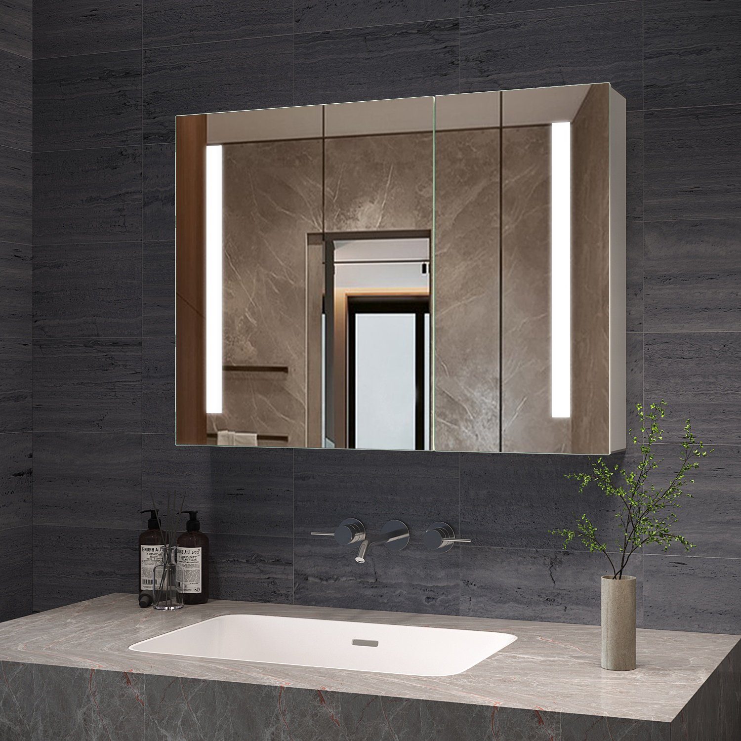Badezimmerspiegelschrank Wandschrank Türen, Kaltweiß Bad LED 2 80x60 AQUALAVOS mit cm, Sensor Glasspiegel, Doppelseitige Soft-Close-Funktion mit Spiegelschrank Beleuchtung IR